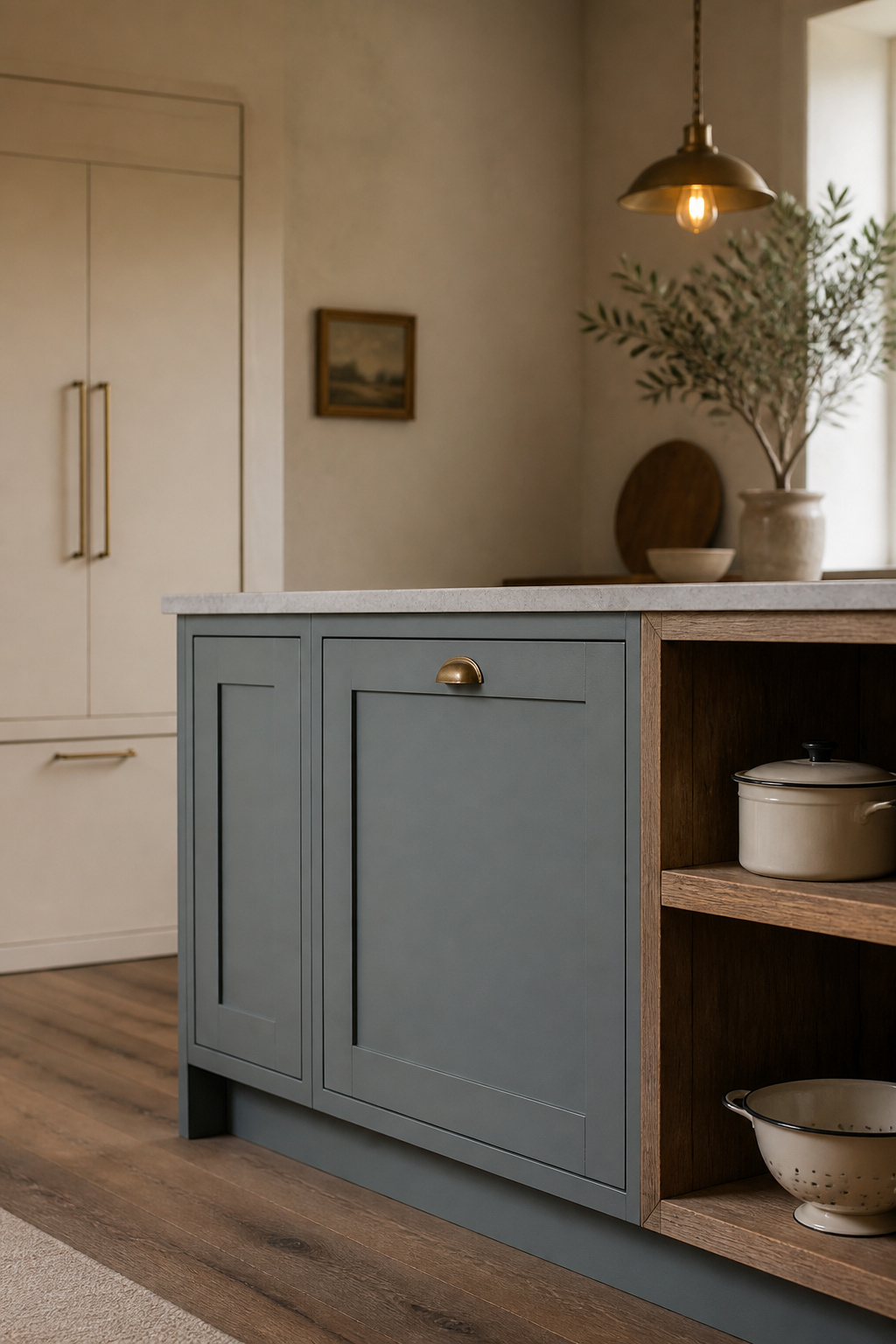Modern cottage kitchen with simplified dusty blue-green shaker cabinets, brass cup pulls and a reclaimed pine open shelf