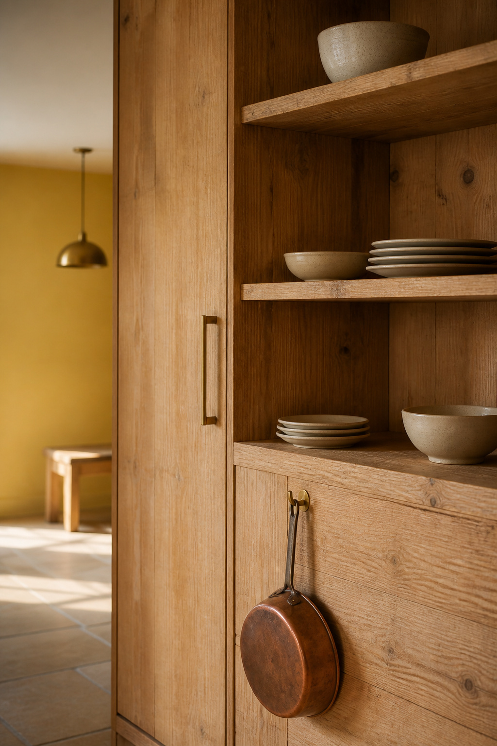 Open reclaimed pine shelving with cream plates beside a flush integrated refrigerator panel and a hanging copper pan