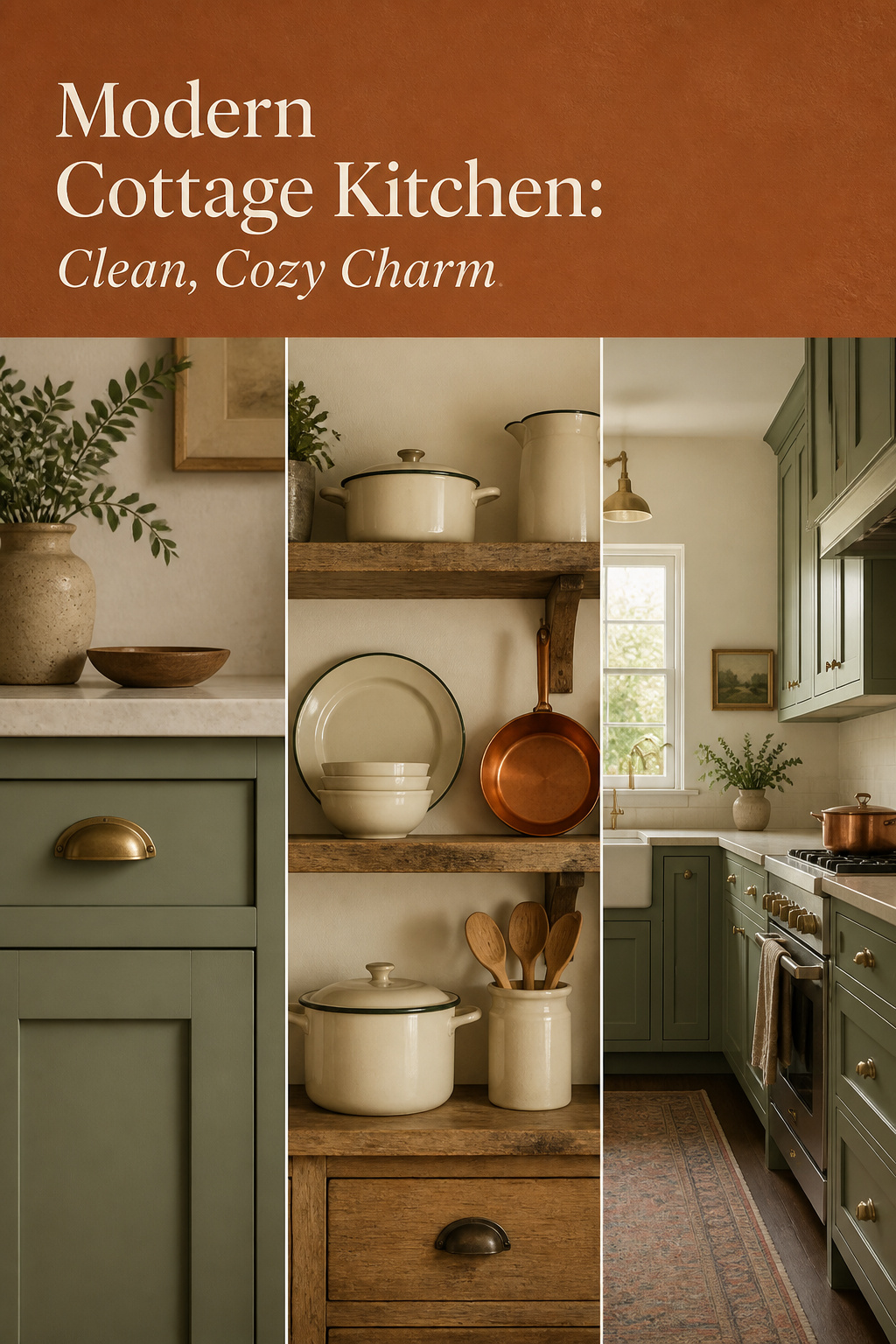 Pinterest pin collage of modern cottage kitchen ideas with sage shaker cabinets, brass hardware and reclaimed pine shelving on a terracotta band