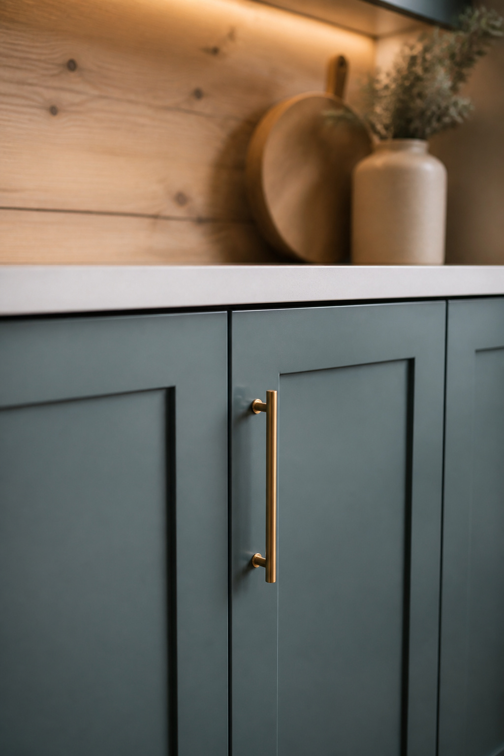 Close-up of simplified flat-profile shaker cabinet doors painted dusty blue-green with a slim brass bar pull