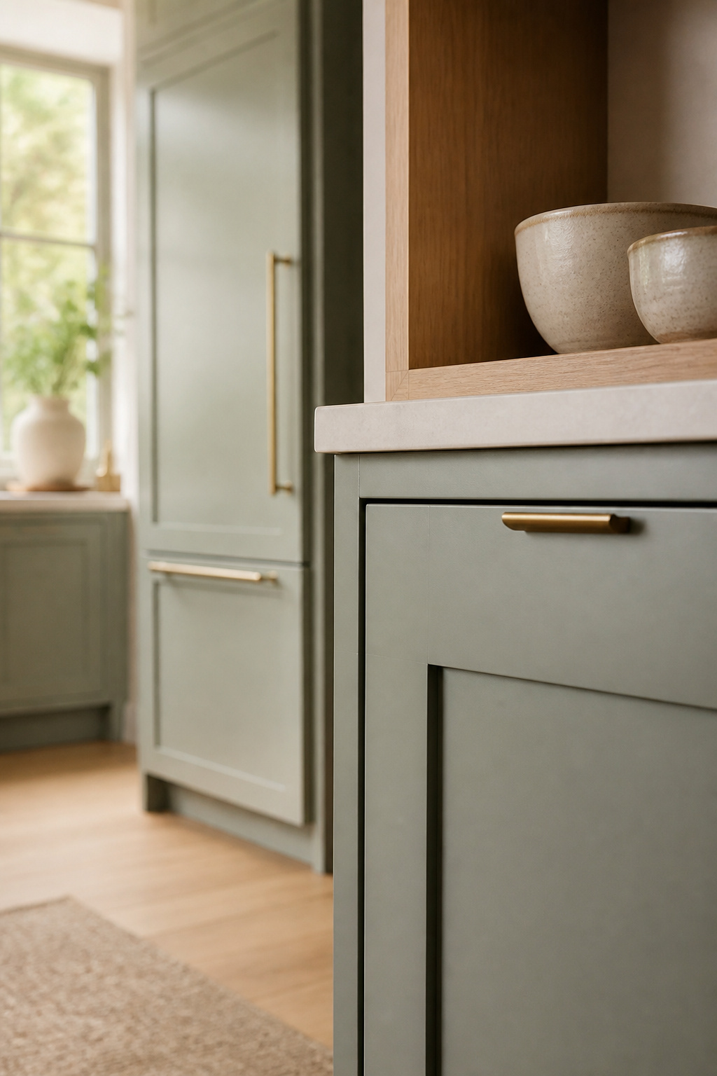 Simplified sage-green shaker cabinet front with a slim brass pull beside an integrated panel-front refrigerator