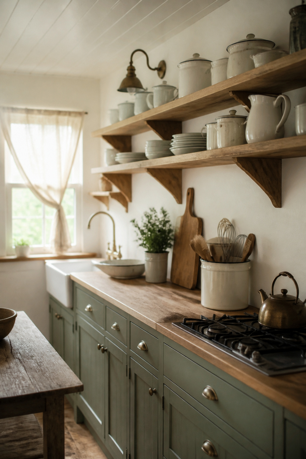 Narrow single-wall modern cottage kitchen with sage shaker cabinets and open pine shelving