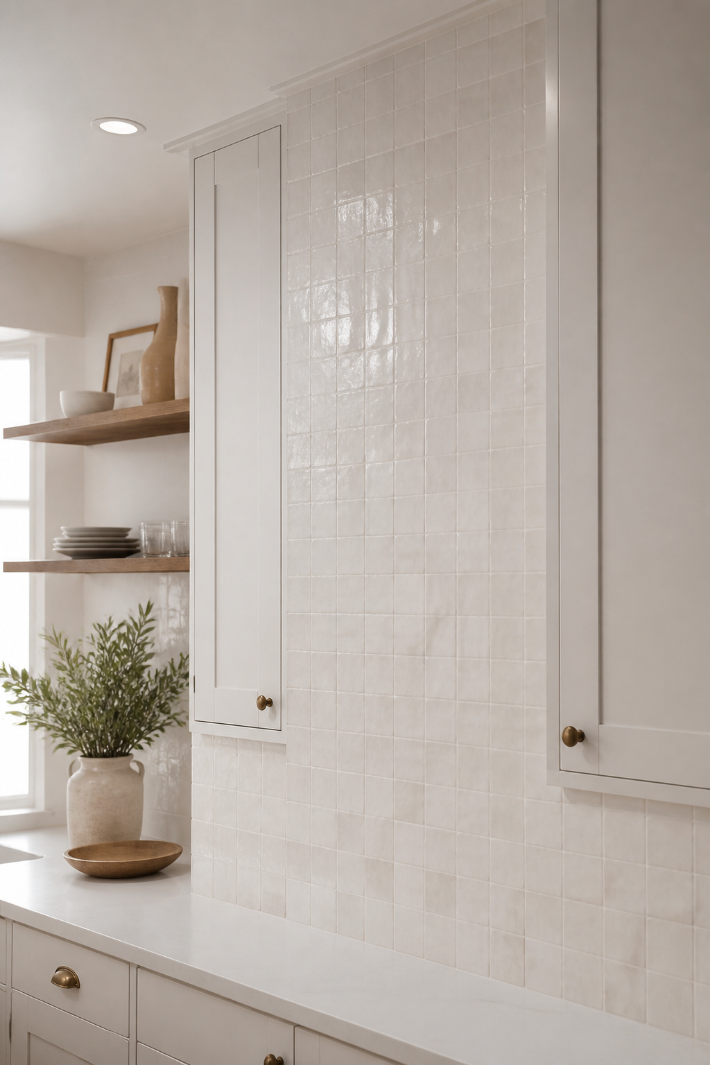 Modern farmhouse kitchen with white zellige tile backsplash between white Shaker cabinets, showing restrained palette where tile character carries the warmth