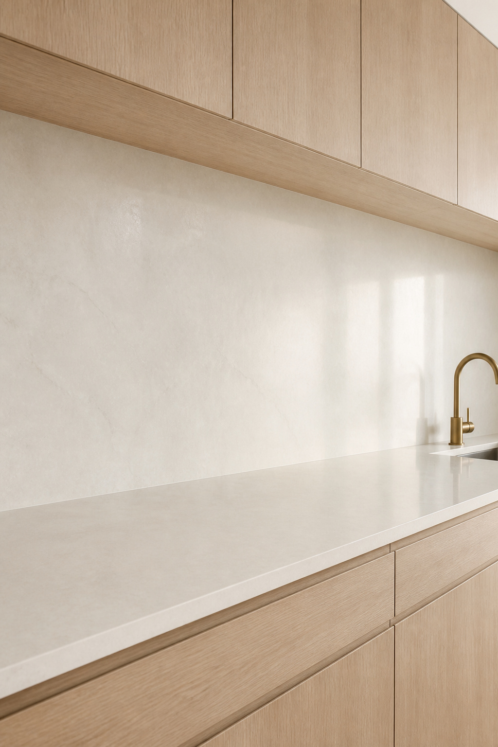Scandinavian kitchen with full-height porcelain slab backsplash in oyster white creating an unbroken surface from countertop to upper cabinets
