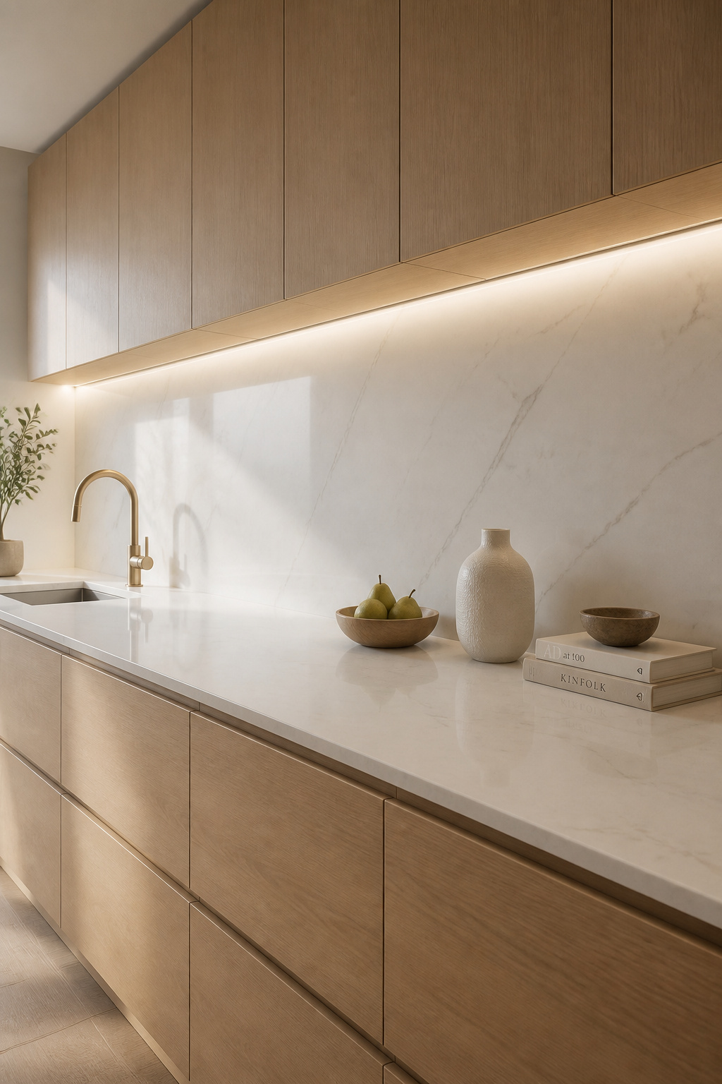 Modern kitchen backsplash in large-format porcelain slab with matching quartz countertop creating a seamless continuous surface under warm under-cabinet lighting
