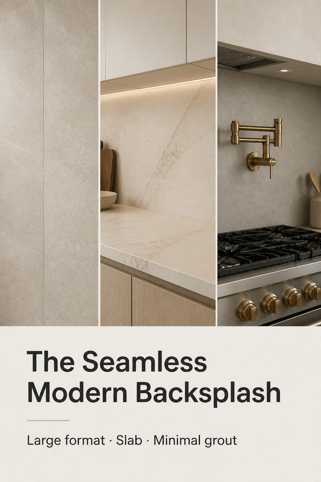 Pinterest pin showing three modern kitchen backsplash styles — large-format tile, quartz slab, and concrete-look porcelain — with headline overlay