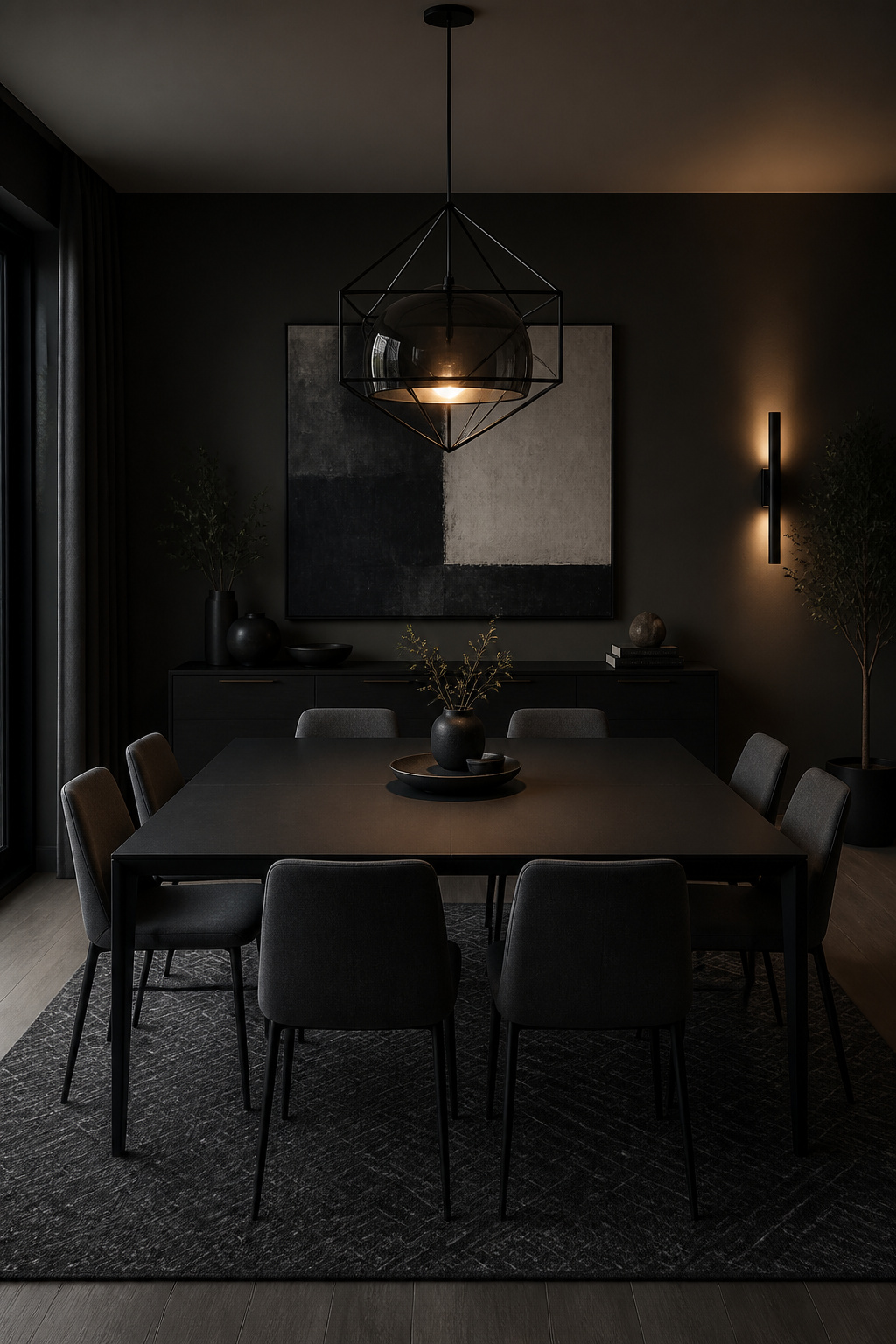 Modern moody dining room with matte-black table, tapered chairs, sculptural smoked-glass pendant and warm-graphite walls