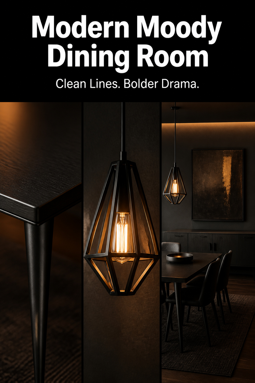 Three-panel Pinterest collage of modern moody dining room — matte-black table edge, sculptural pendant, restrained credenza wall