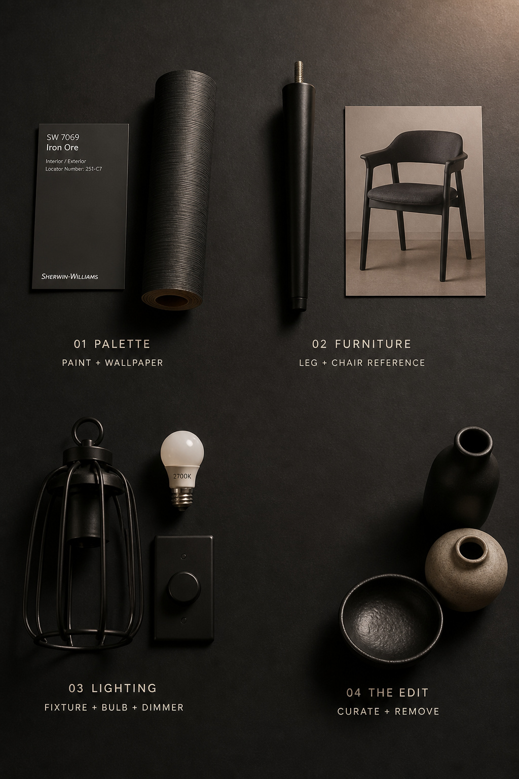 Four-quadrant flat-lay of modern moody dining room decision materials — paint chip, furniture leg, pendant and dimmer, and minimal decor objects