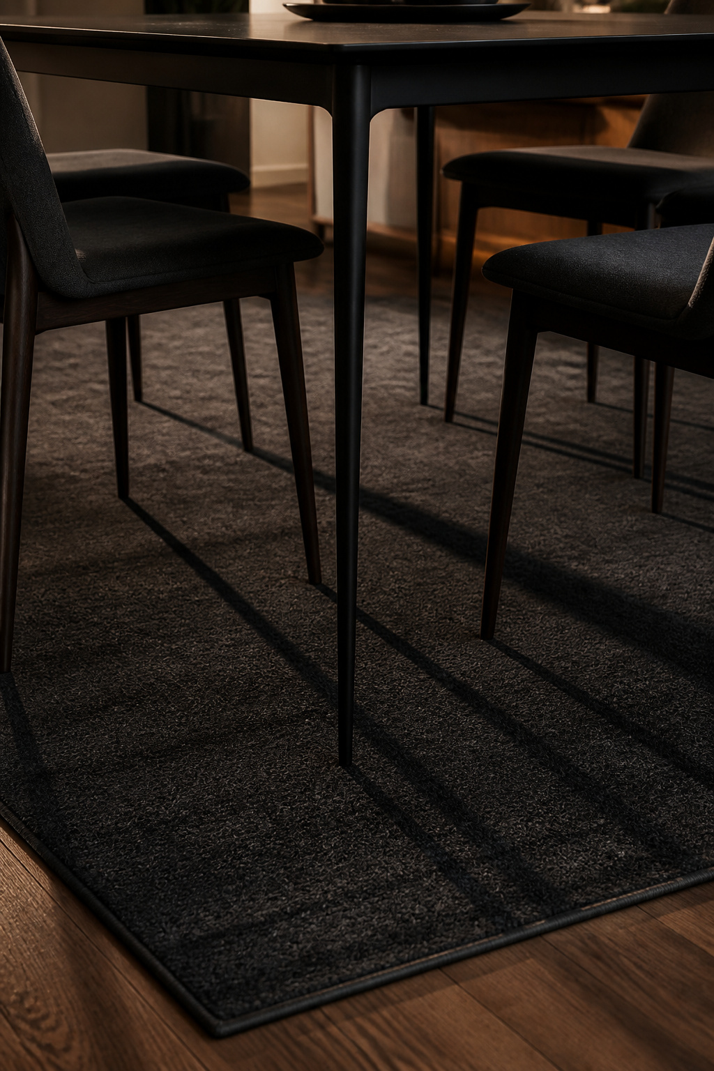 Underside detail of matte-black modern dining table with tapered steel legs and dark-stained chair legs on charcoal rug
