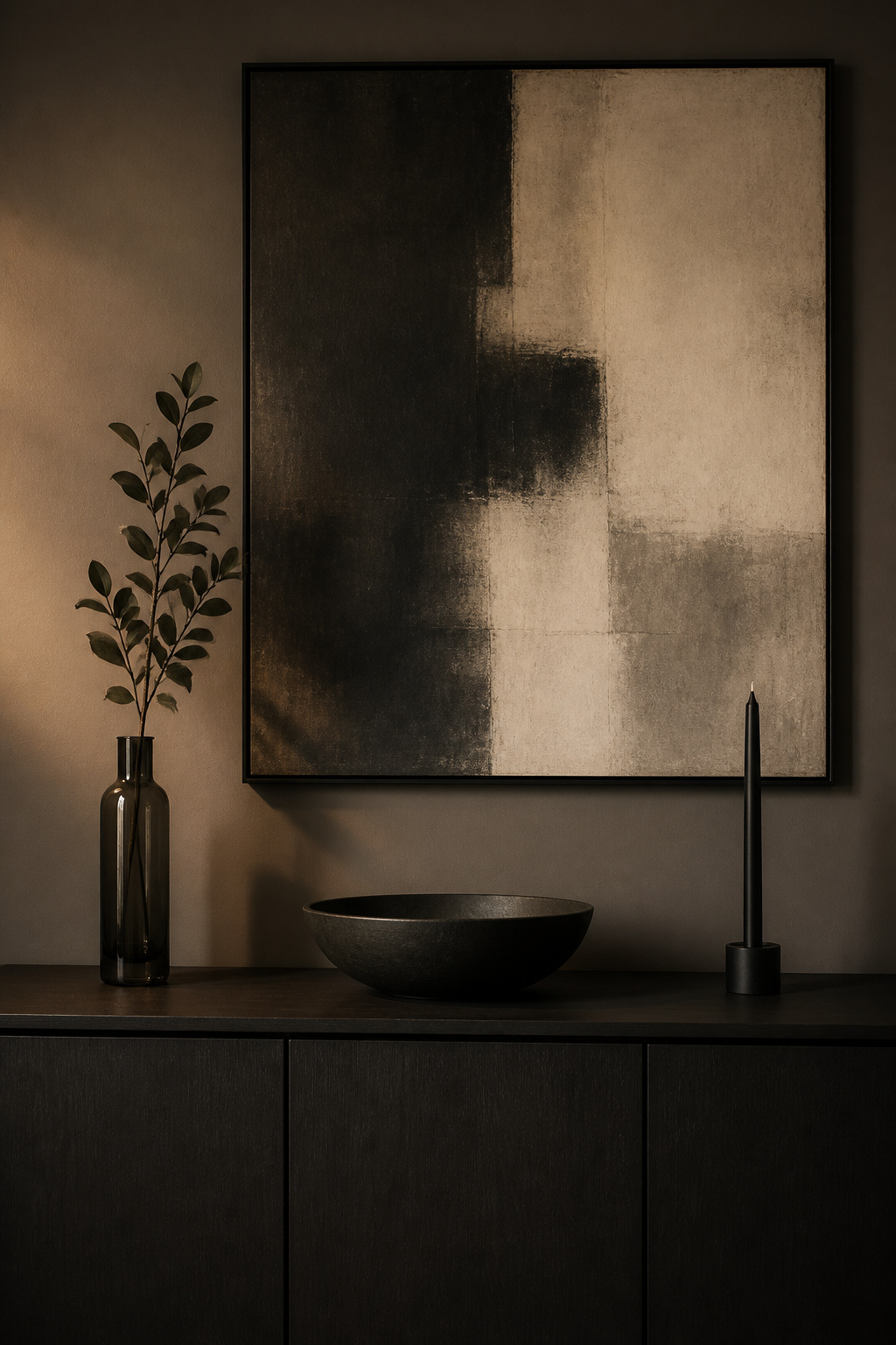 Modern moody credenza styled with three objects — narrow smoked vase, dark ceramic bowl, and minimal candle holder — below a large abstract canvas