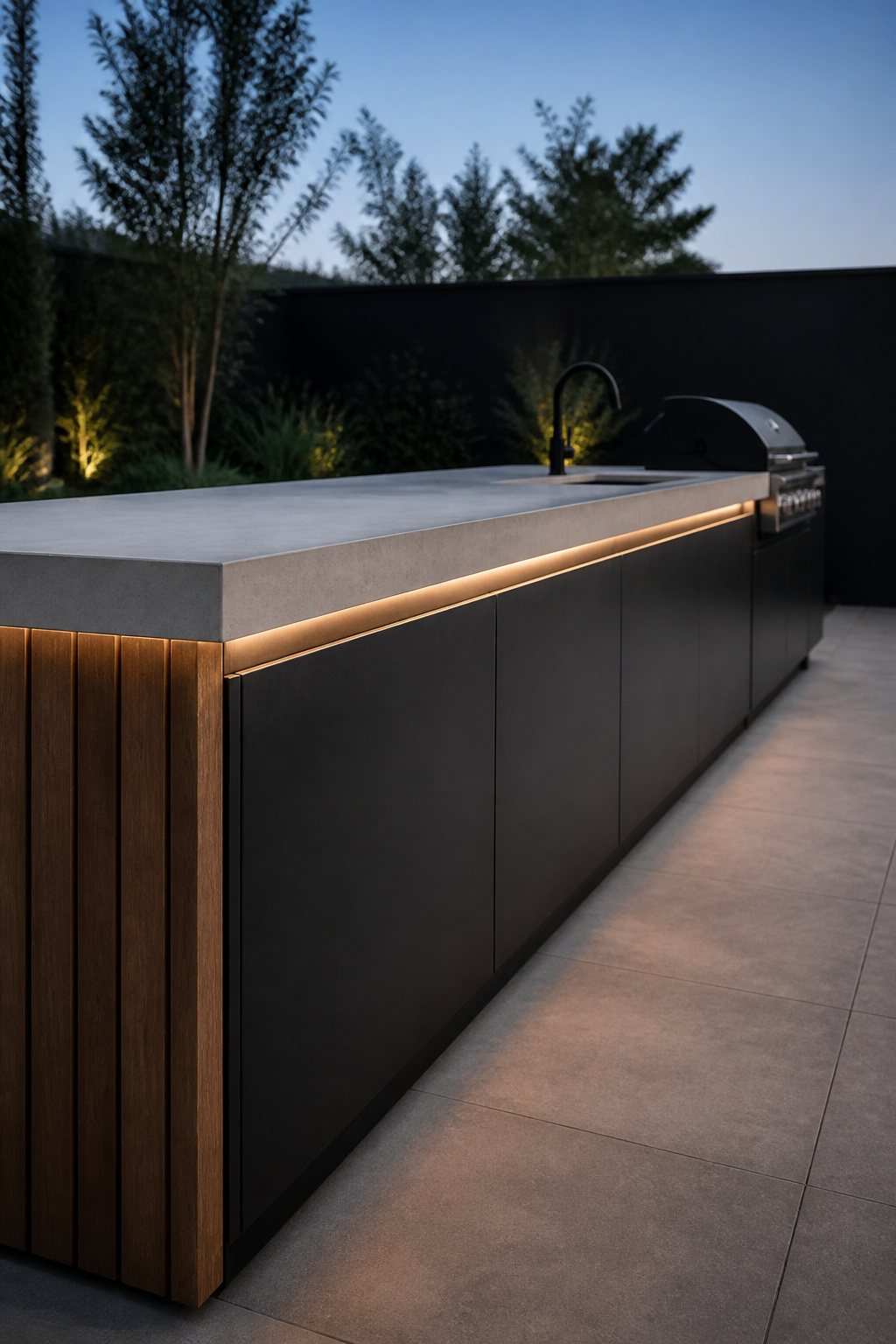 Modern outdoor kitchen island with blackened steel cabinetry, pale concrete counter and linear under-counter lighting at dusk