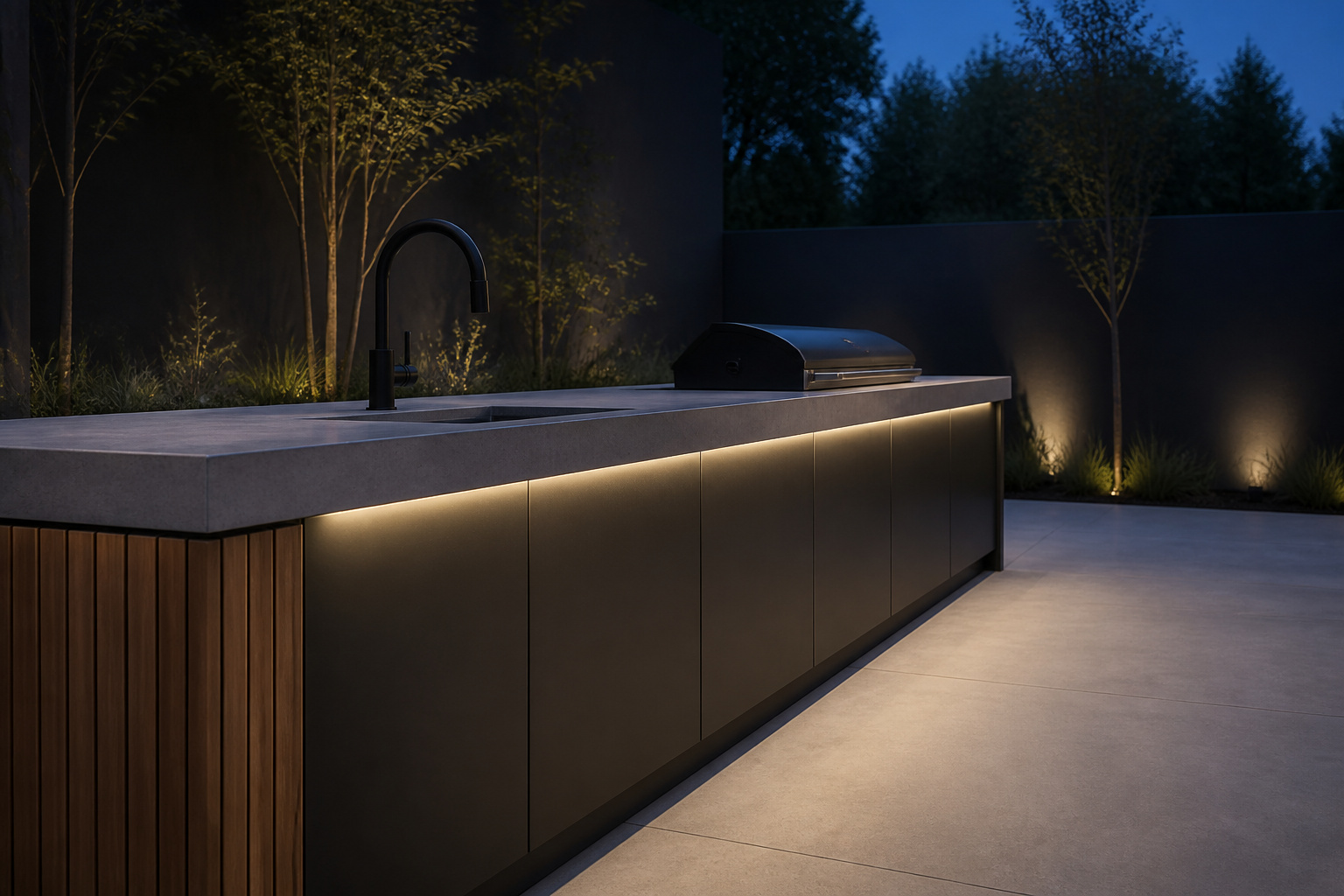 Modern outdoor kitchen island with blackened steel cabinetry, pale concrete counter and linear under-counter lighting at dusk