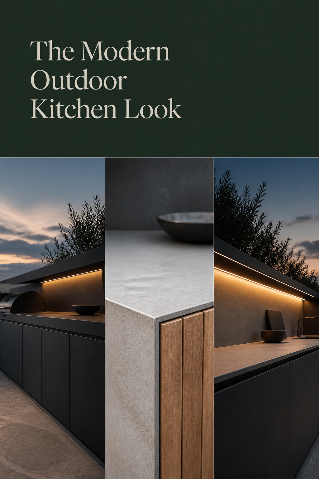 Pinterest collage of a modern outdoor kitchen showing blackened steel cabinets, pale concrete counter and linear dusk lighting