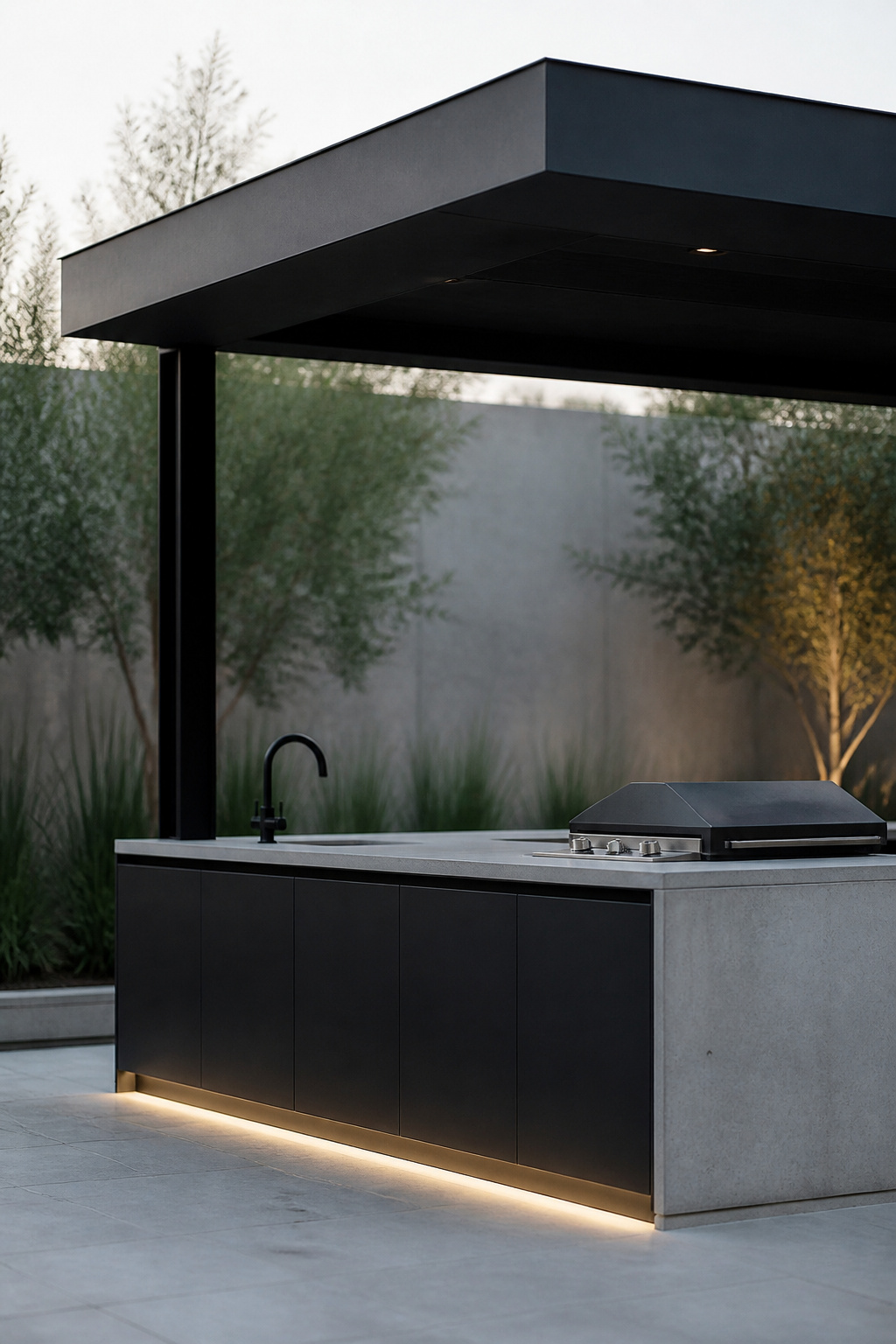 Flat blackened steel roof over a modern outdoor kitchen with matching charcoal cabinetry and pale concrete counter