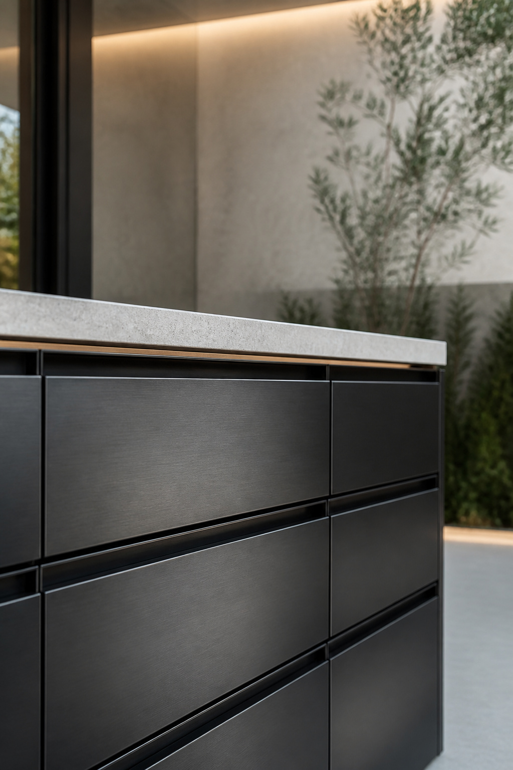 Flush handleless blackened steel drawer front with a recessed J-pull groove in a modern outdoor kitchen
