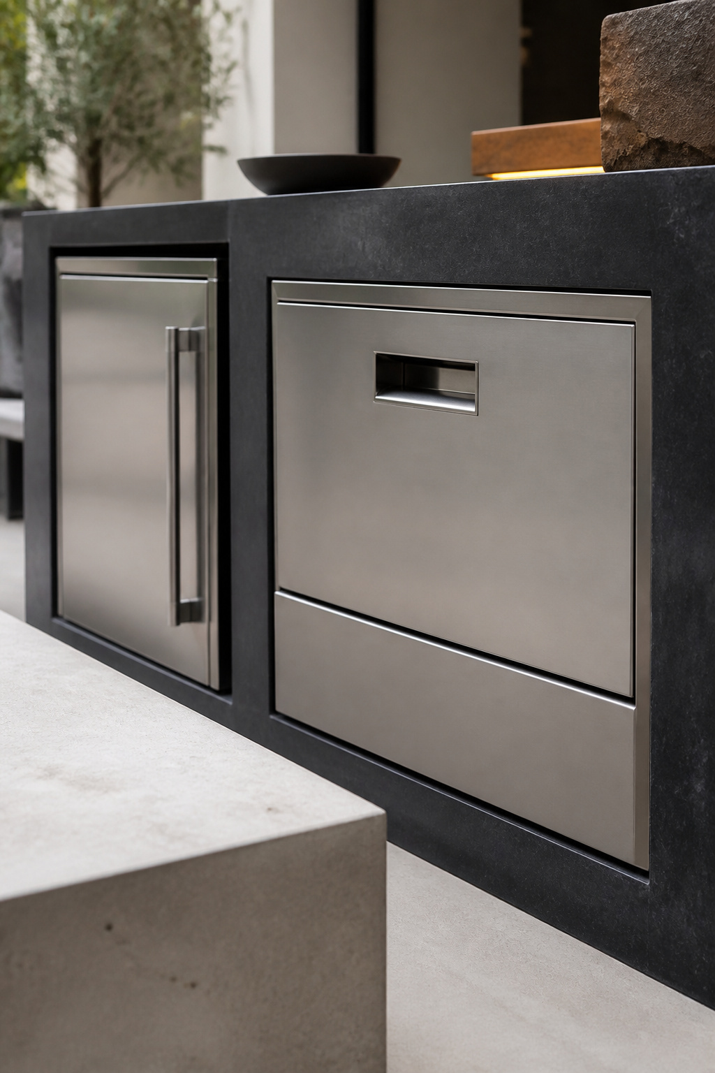 Flush-mounted stainless grill and integrated drawer-style refrigerator built into a blackened steel modern outdoor kitchen island