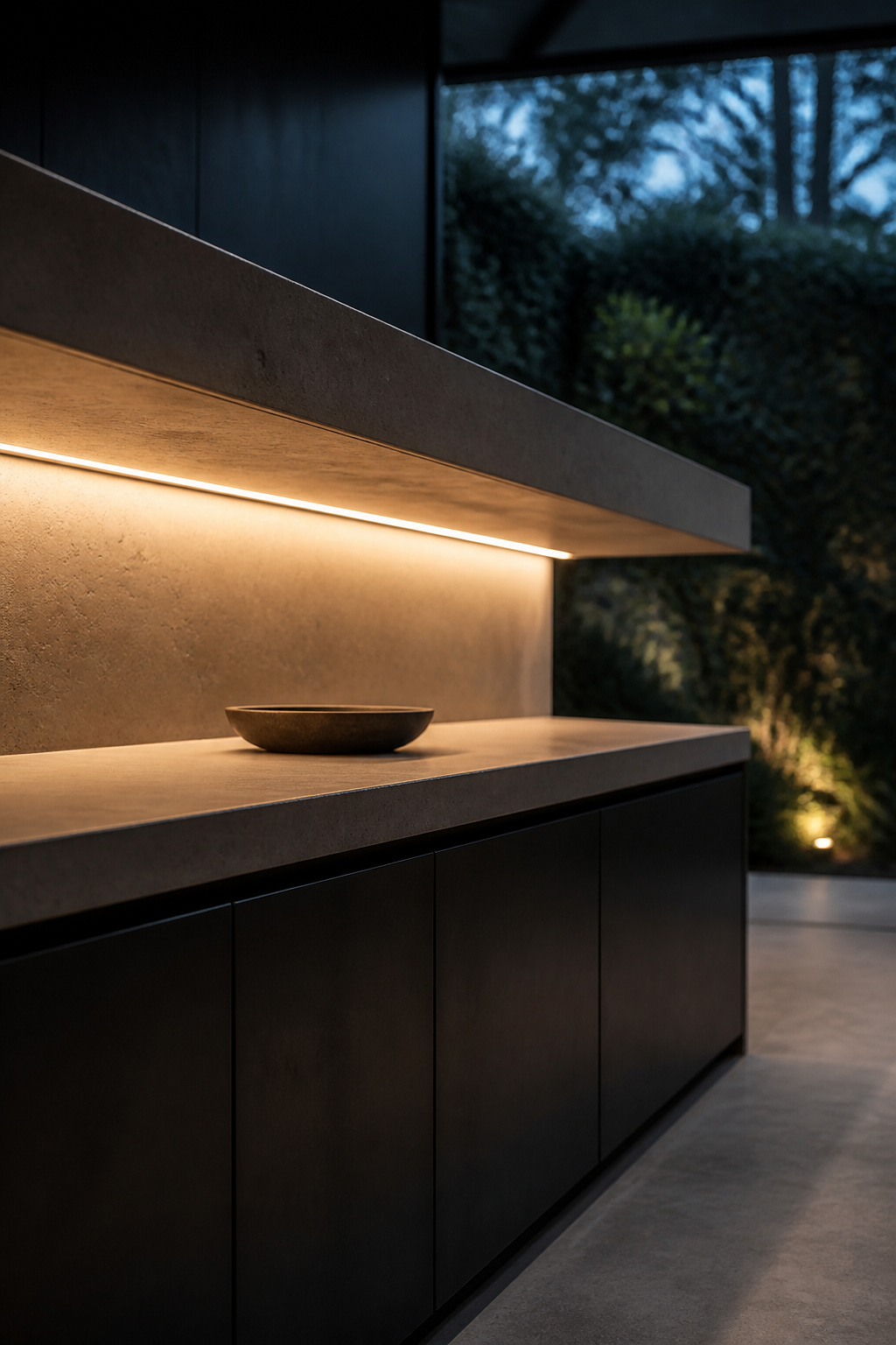 Linear LED light strip glowing beneath a concrete counter overhang in a modern outdoor kitchen at dusk