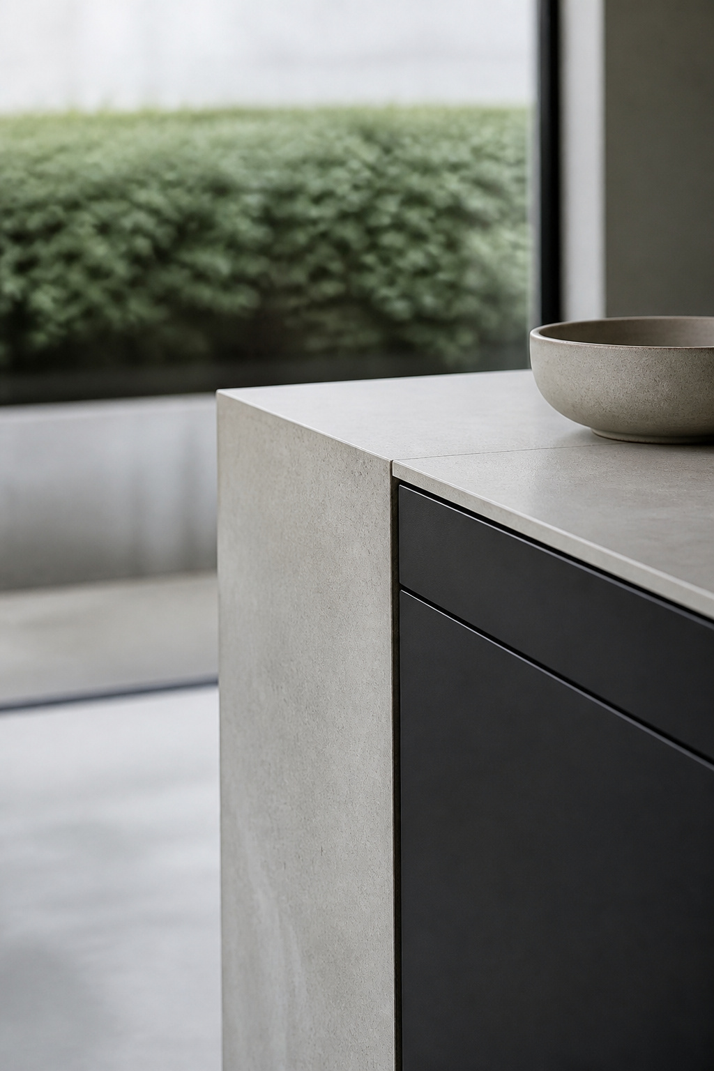 Corner detail of a modern outdoor kitchen showing pale concrete counter meeting charcoal steel cabinetry