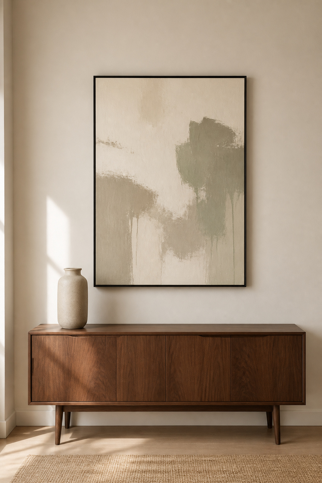 A walnut credenza with a single large black-framed abstract canvas above it — spanning two-thirds of the sideboard width and set 8 inches above the surface — demonstrating the one-artwork principle for modern sideboard styling