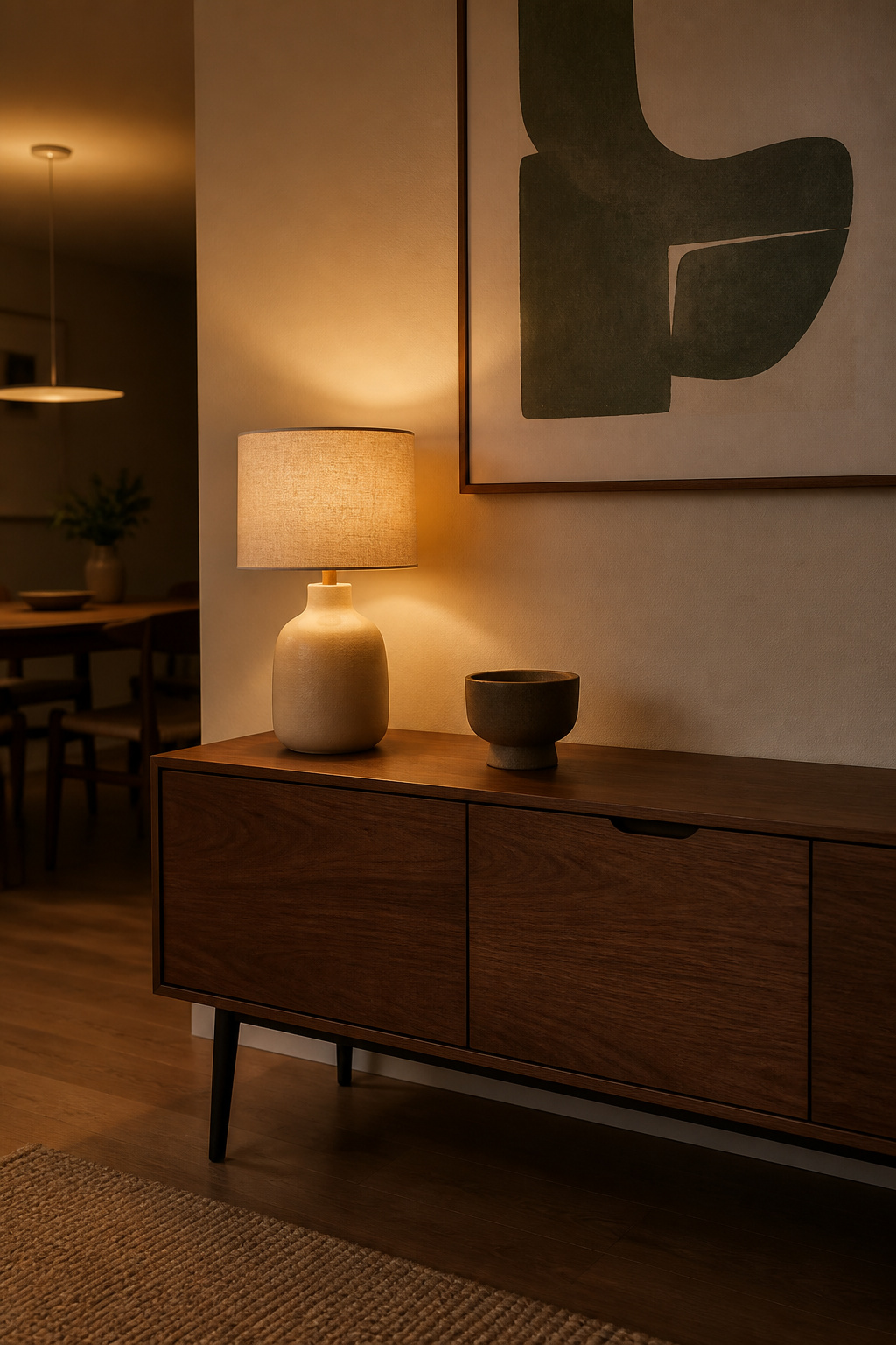 A single table lamp with a matte ceramic base and linen drum shade glowing warm amber on a walnut sideboard, offset to the left with one stoneware object and deliberate negative space, demonstrating single-lamp styling for a minimalist sideboard