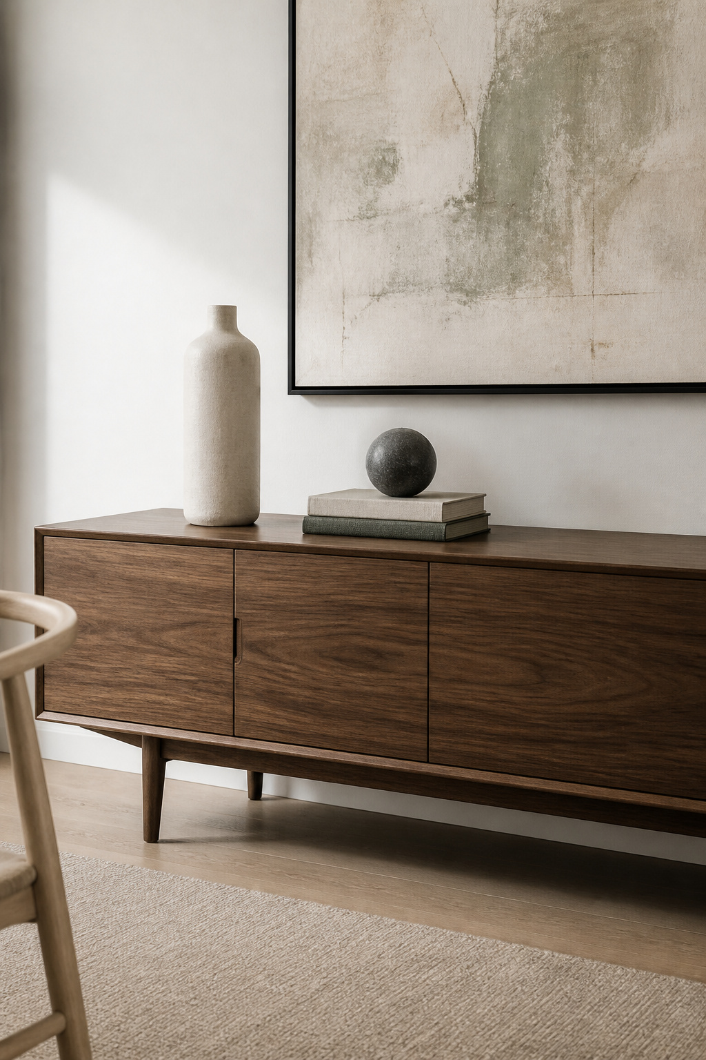 A walnut credenza styled with three objects — a matte stoneware vessel, a book stack with a basalt sphere, and deliberate negative space — beneath a single large abstract artwork, demonstrating modern sideboard styling