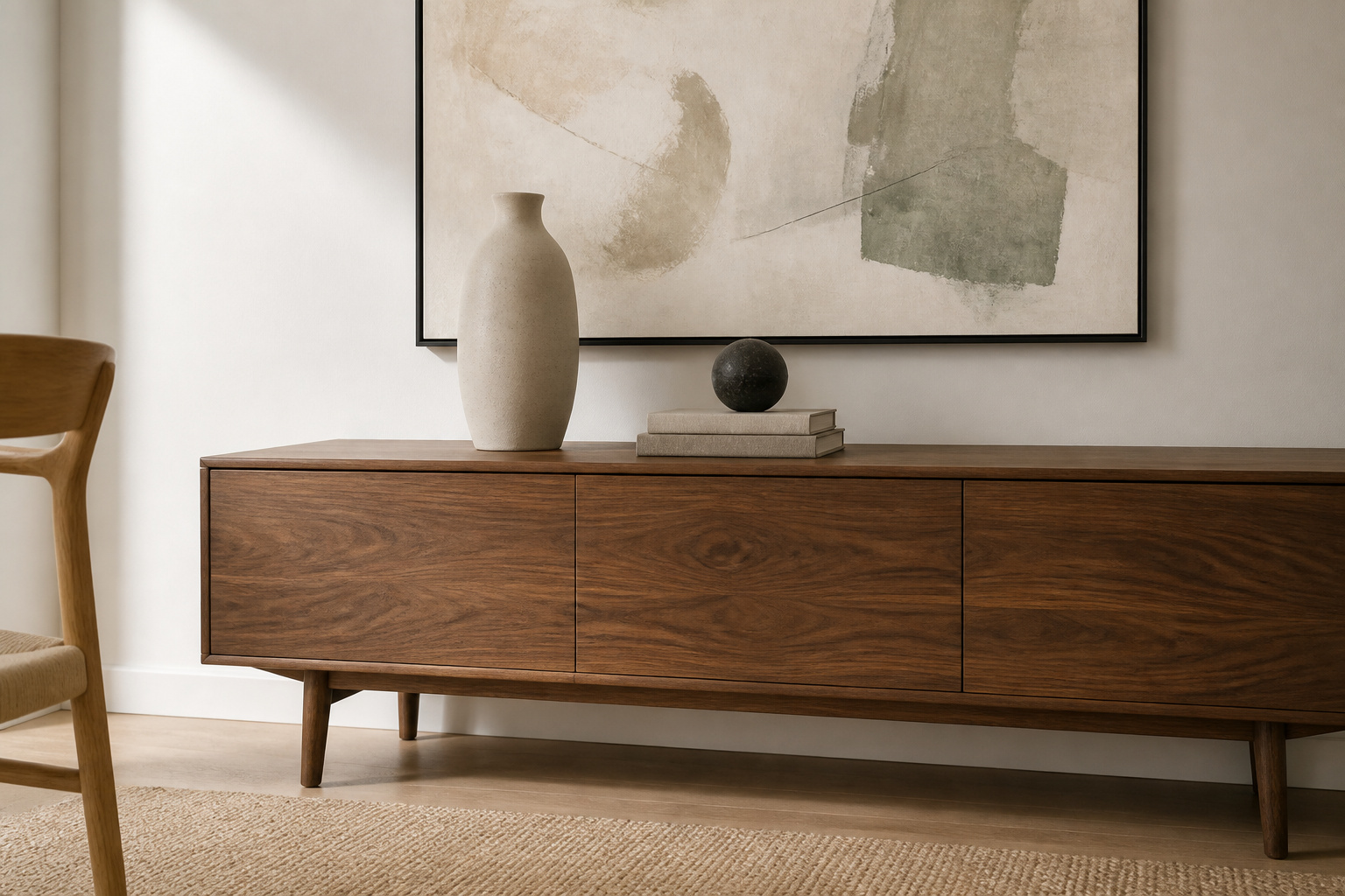 A walnut credenza styled with three objects — a matte stoneware vessel, a book stack with a basalt sphere, and deliberate negative space — beneath a single large abstract artwork, demonstrating modern sideboard styling