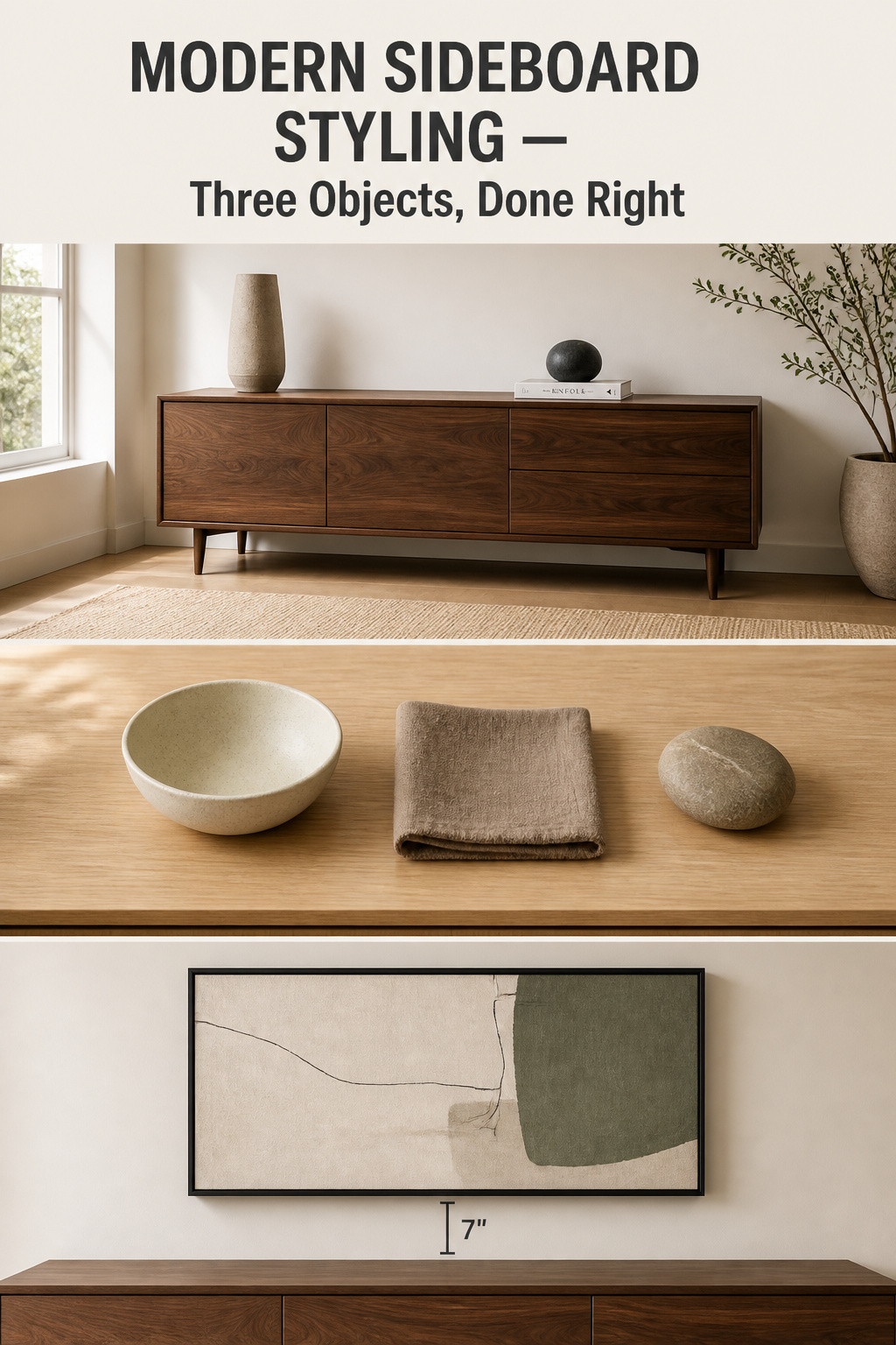 Pinterest collage of modern sideboard styling ideas: walnut credenza with stoneware vessel and book stack, overhead view of three natural-texture objects on pale oak, and a single black-framed abstract print above a credenza