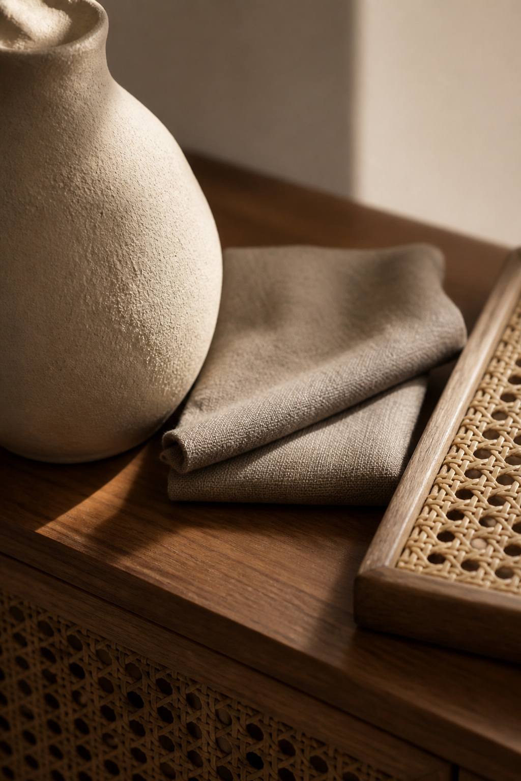 Close-up of a walnut sideboard surface with three textures — a matte unglazed stoneware vessel, a folded natural linen square, and a cane-weave panel — showing the material palette for modern sideboard styling