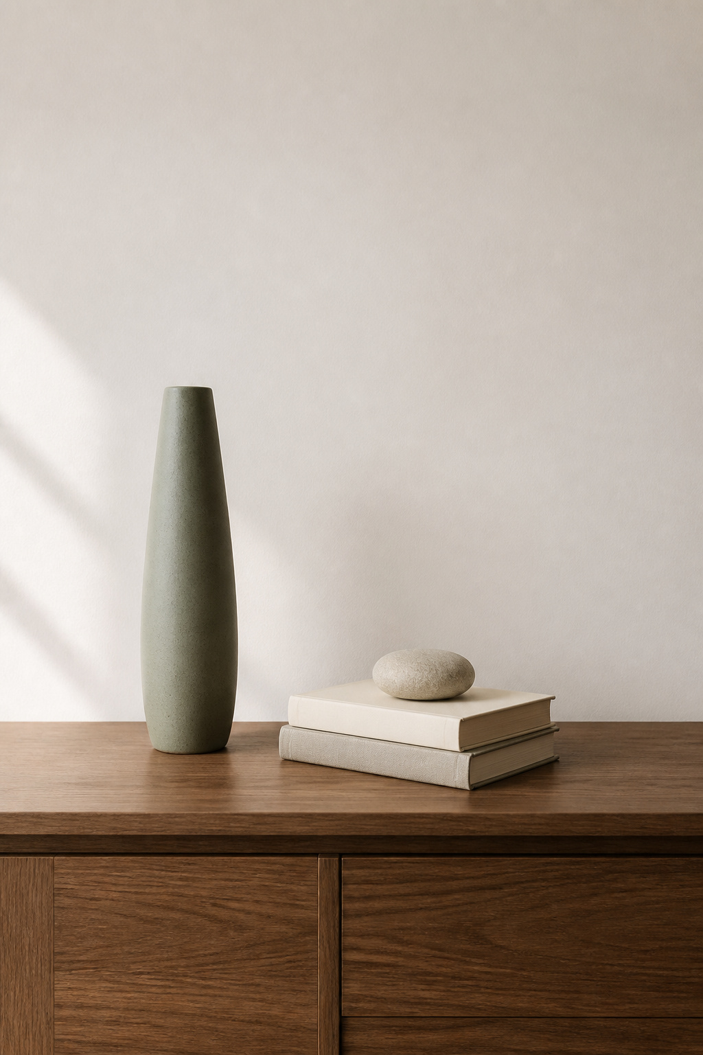 A walnut sideboard with exactly three objects — a tall sage ceramic vase, a medium linen-covered book stack, and a low smooth stone — demonstrating the three-object composition rule for modern sideboard styling