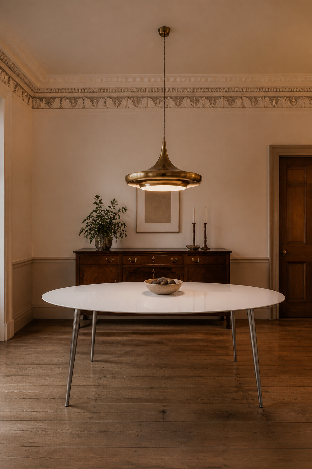 A contemporary white lacquer dining table with steel legs paired with a Georgian mahogany sideboard in a period-detailed dining room