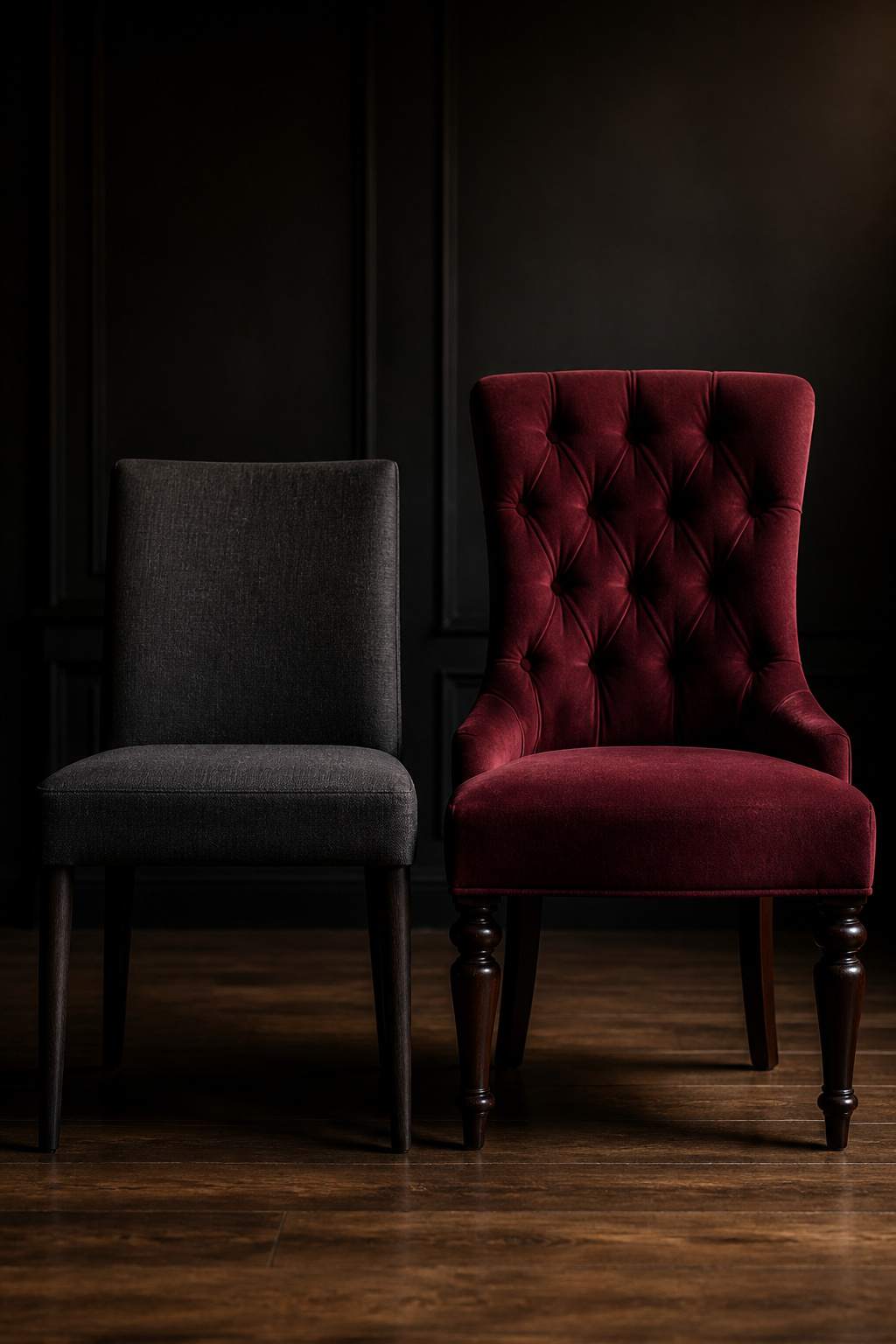 Side-by-side comparison of modern tapered dining chair and traditional tufted velvet chair against a matte-black wall