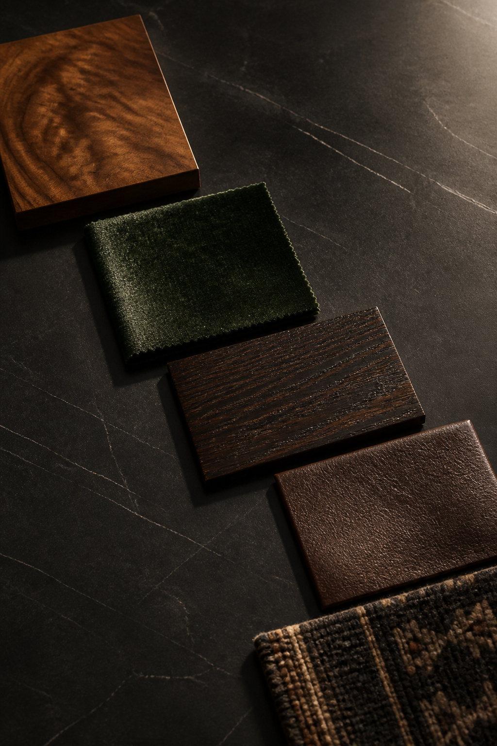 Flat-lay of dark dining room material swatches — walnut grain, green velvet, espresso oak, brown leather and dark patterned rug on charcoal slate