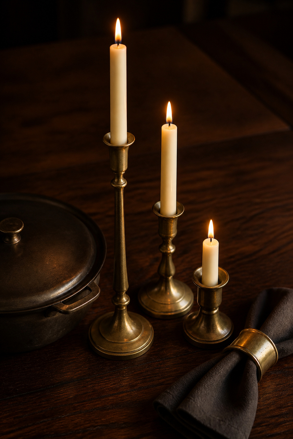 Three brass candlesticks at varying heights with ivory taper candles on a dark-walnut dining table, warm candlelight on patinated brass