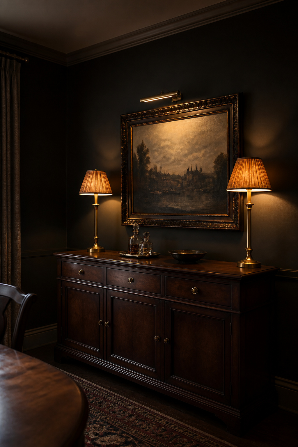 Pair of aged-brass buffet lamps and a picture light illuminating a dark sideboard and painting against a charcoal wall in a moody dining room