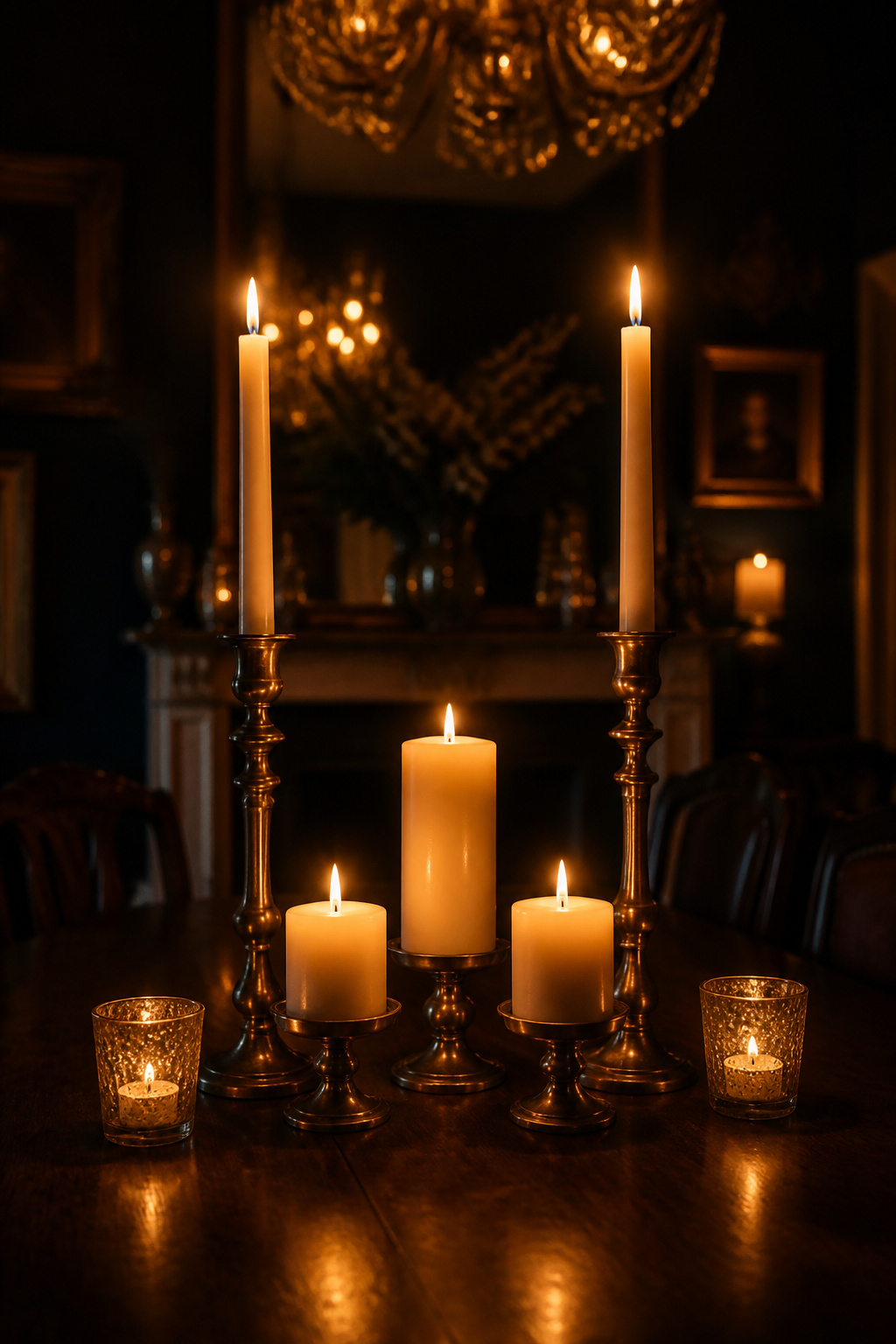 Varied-height candlelight centrepiece on a dark walnut dining table — taper candlesticks, pillar candles, and votives in antique brass holders