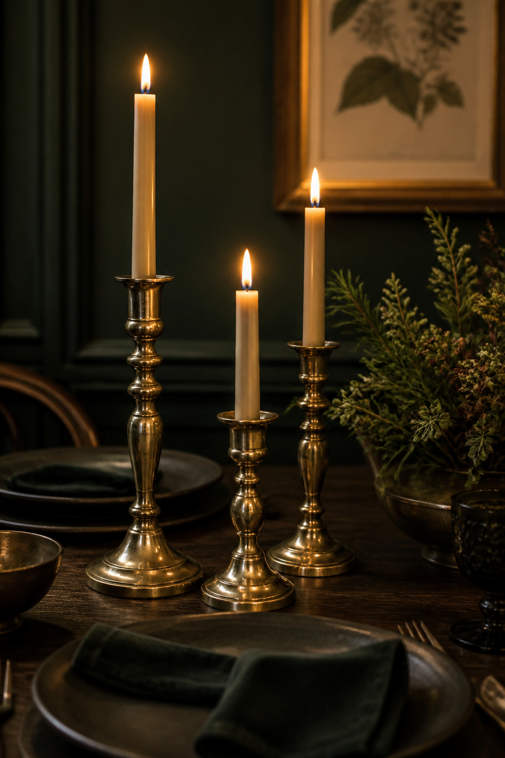 Candlelit dining table vignette with brass taper holders, dark ceramic plates, and a botanical print on a deep green wall