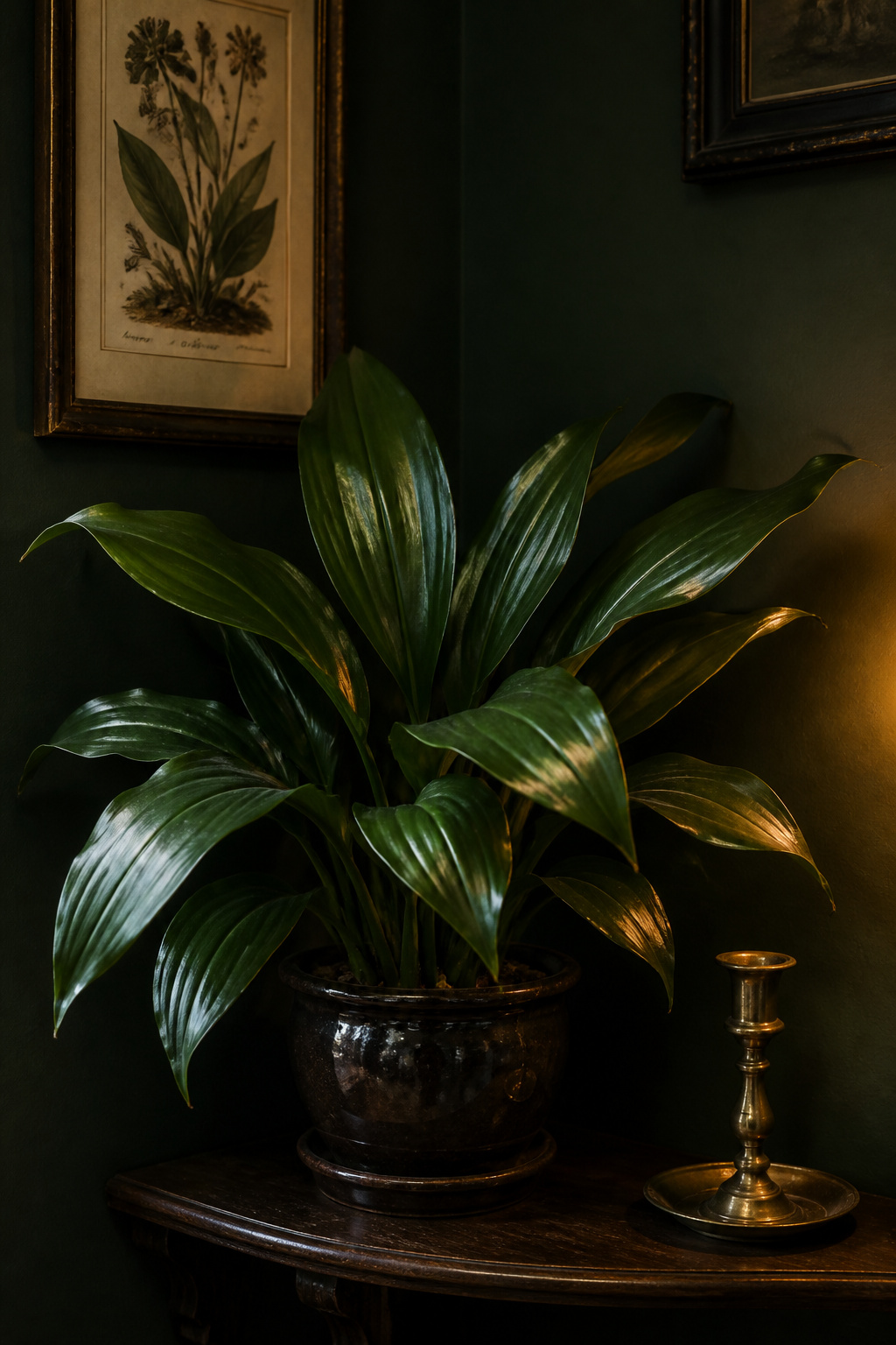 Cast iron plant with broad glossy leaves in a dark-glazed pot against a deep forest-green dining room wall