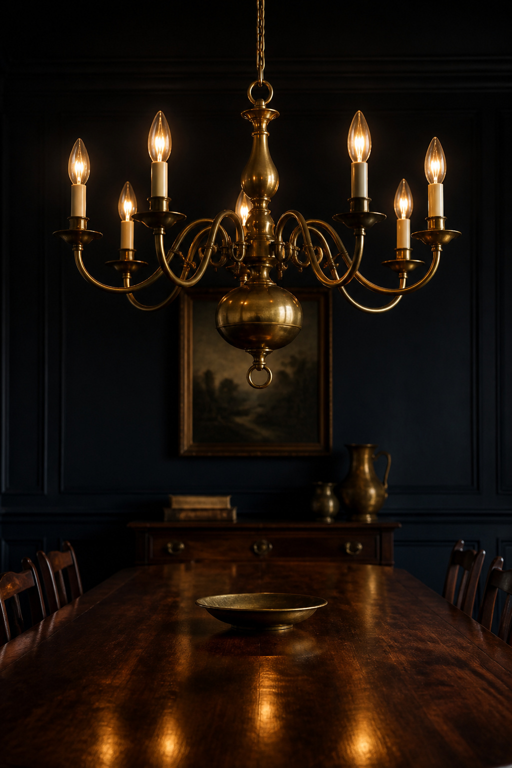 Large aged-brass candle-arm chandelier hanging 32 inches above a dark walnut dining table against navy panelled walls in a moody dining room