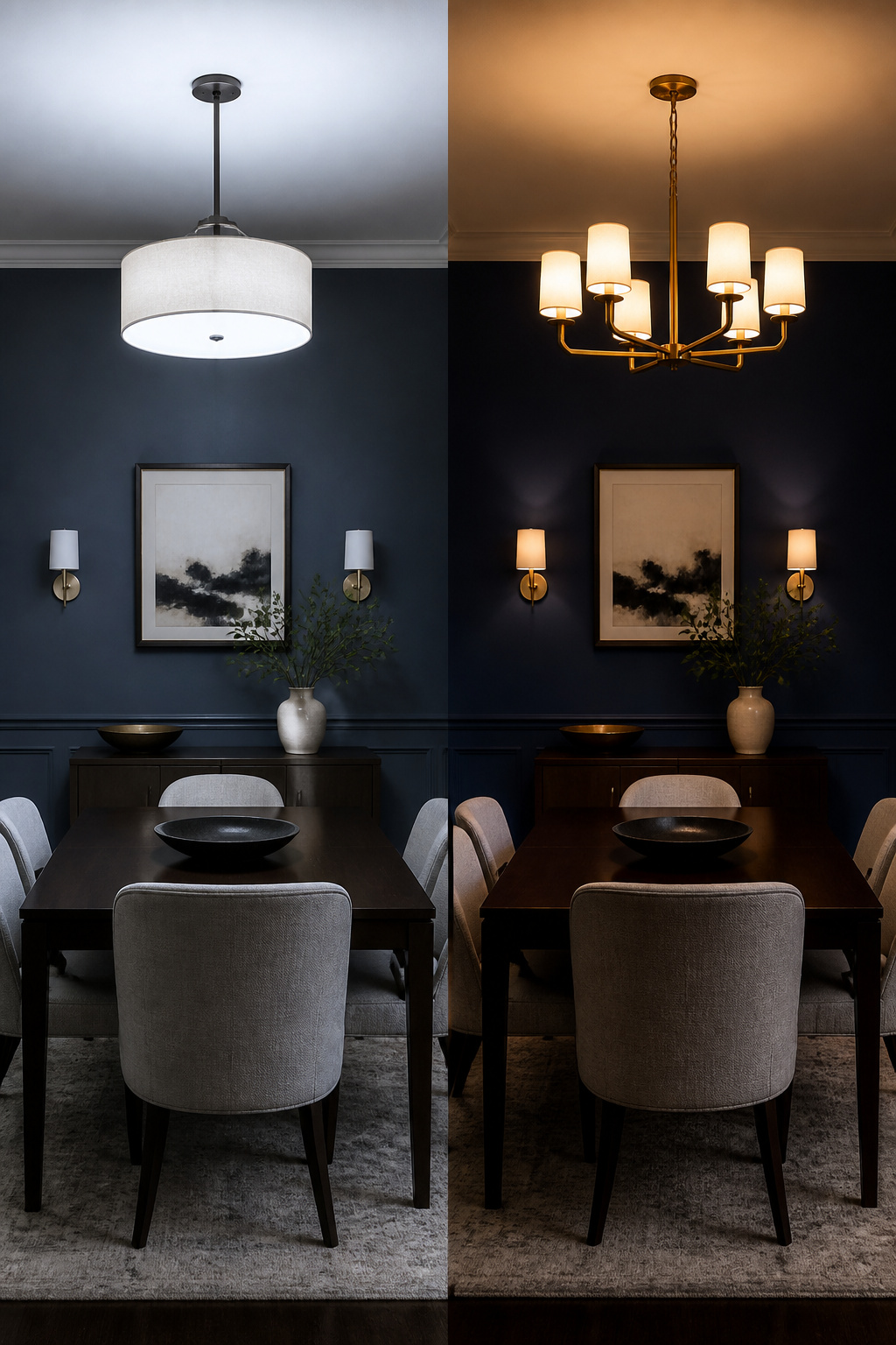 Side-by-side comparison of a dark navy dining room under 4000K cool light versus 2700K warm light showing the dramatic mood difference