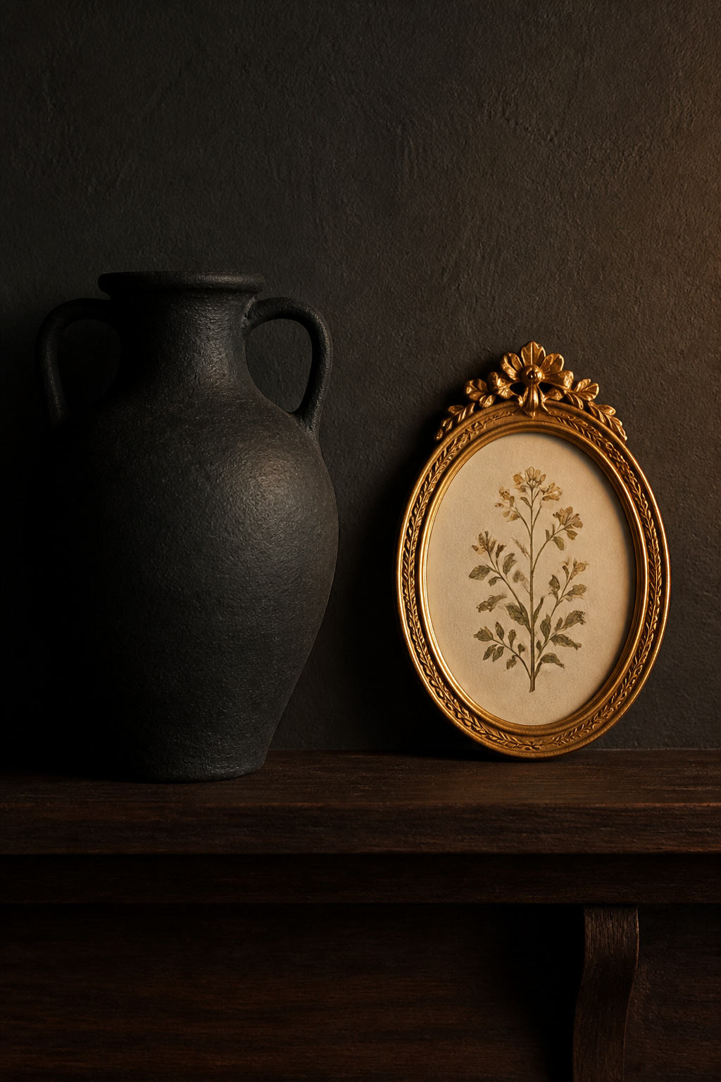 Contrast study on a dark dining room wall — a black vase that recedes versus a gilt-framed botanical print that reads