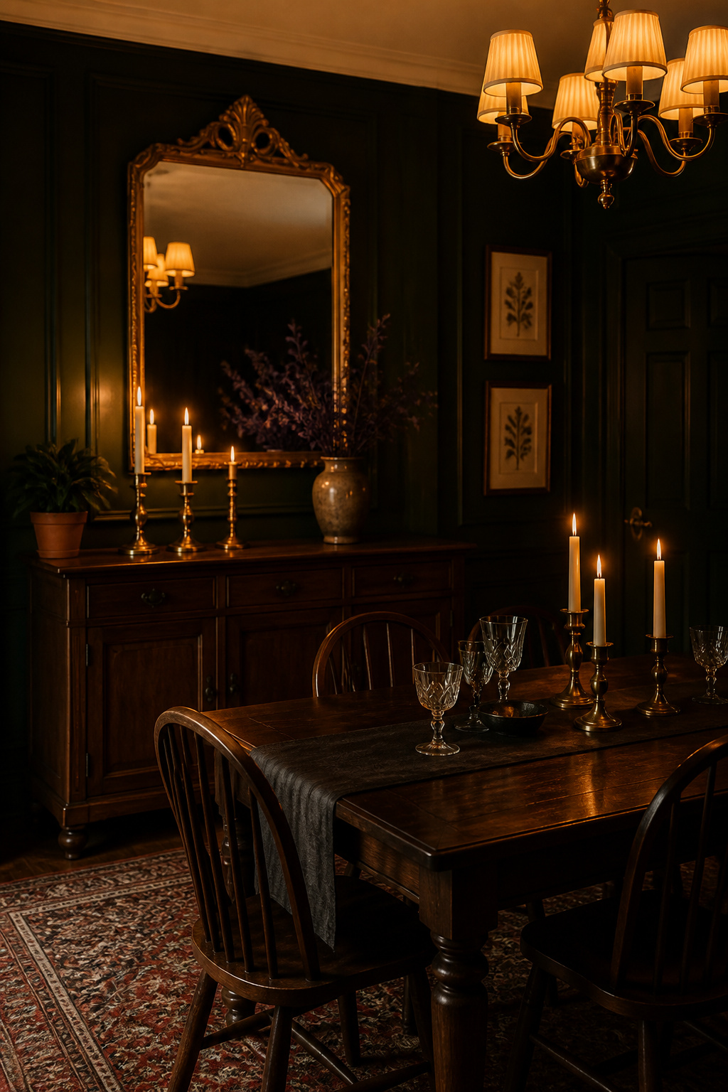 Moody dining room decor with gilt mirror, brass candlesticks and cast-iron plant against deep green panelled walls