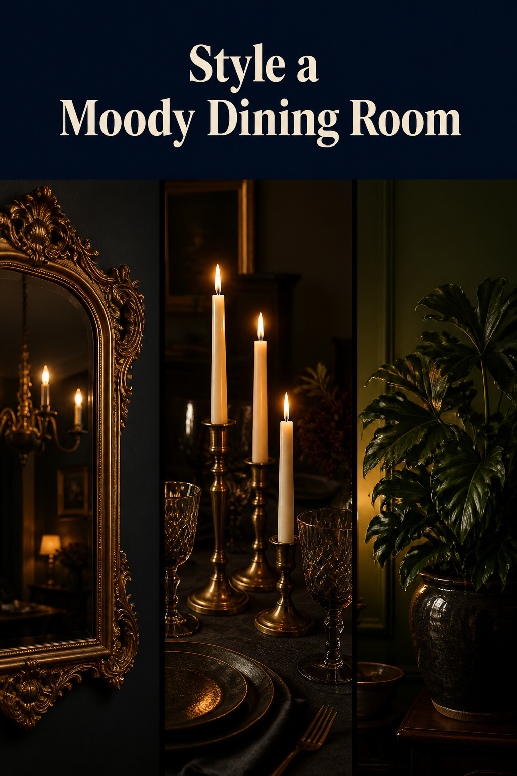 Pinterest pin showing moody dining room decor: gilt mirror on dark wall, candlelit brass tablescape, and plant against deep green