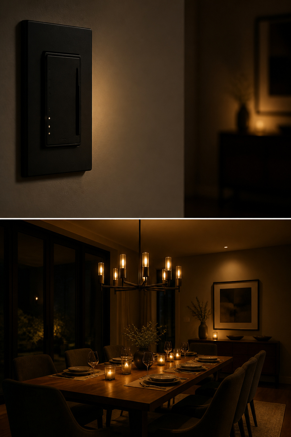 Split image showing a dimmer switch at a low setting and the resulting intimate warm dining room atmosphere it creates