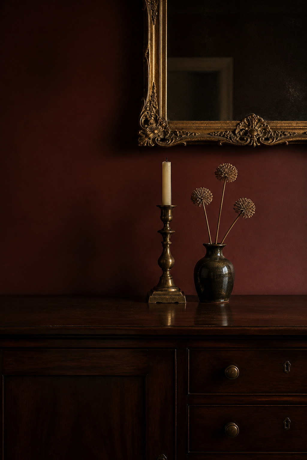Dark-walnut sideboard with three objects and deliberate negative space against a deep burgundy dining room wall