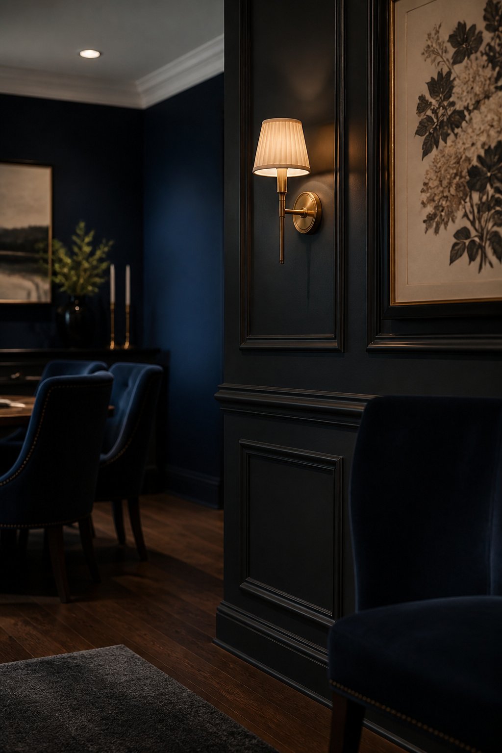 Moody dining room corner showing all five design levers — dark panelled wall, brass sconce, velvet chair, botanical print and dark wool rug