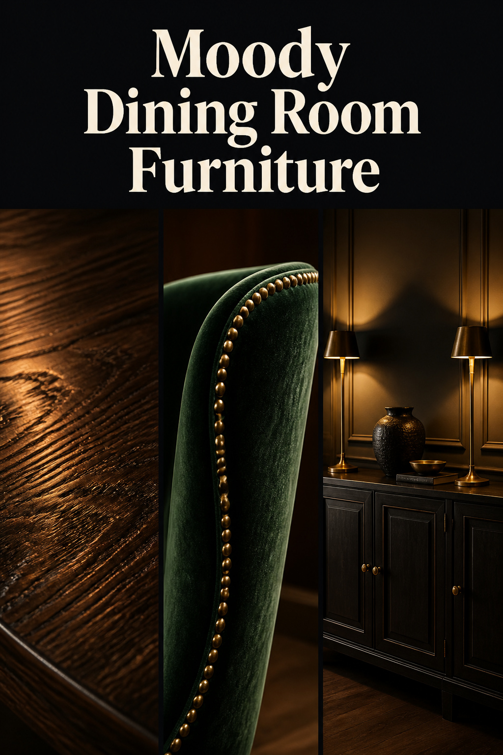 Three-panel Pinterest collage of moody dining room furniture — dark walnut grain, green velvet chair, brass-lit sideboard