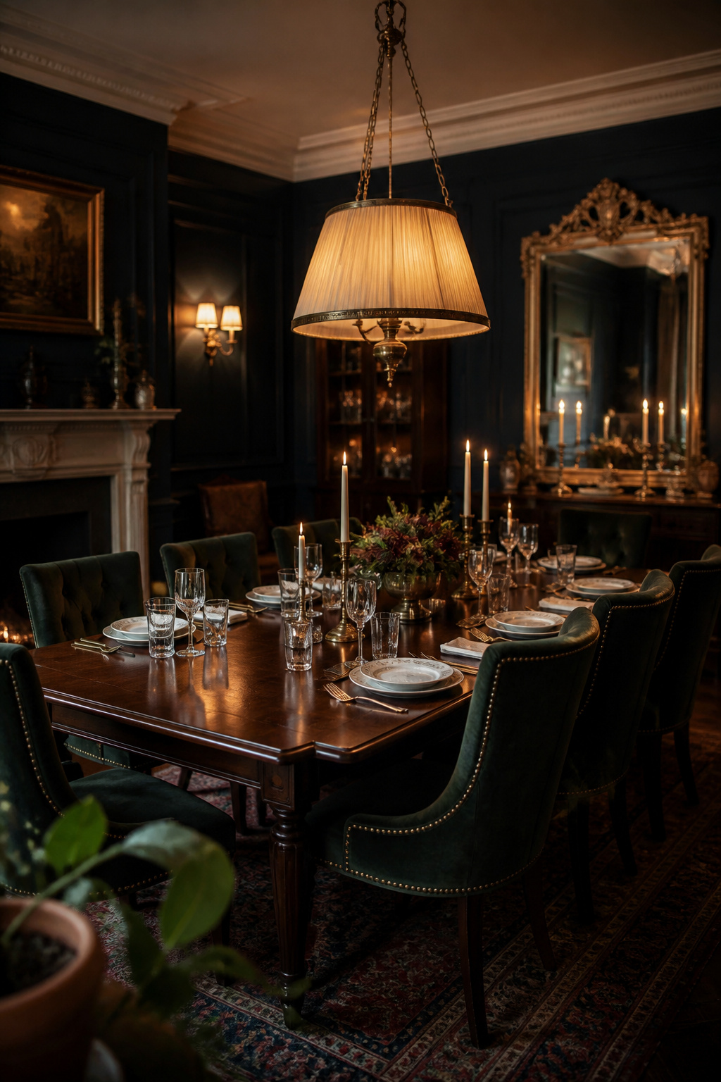 Dark-wood dining table set with brass candleholders under a warm chandelier in a deep navy-green panelled dining room