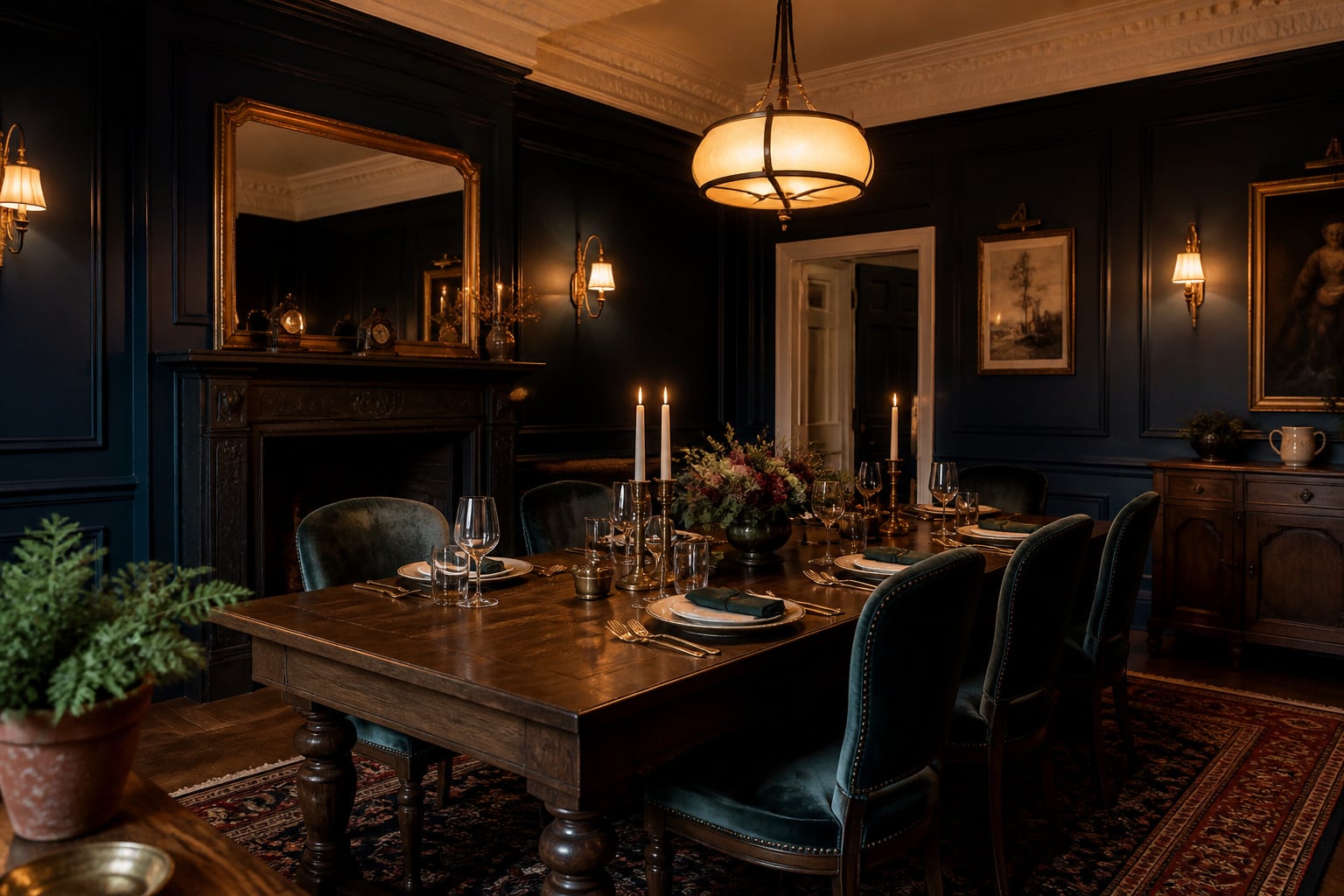 Dark-wood dining table set with brass candleholders under a warm chandelier in a deep navy-green panelled dining room