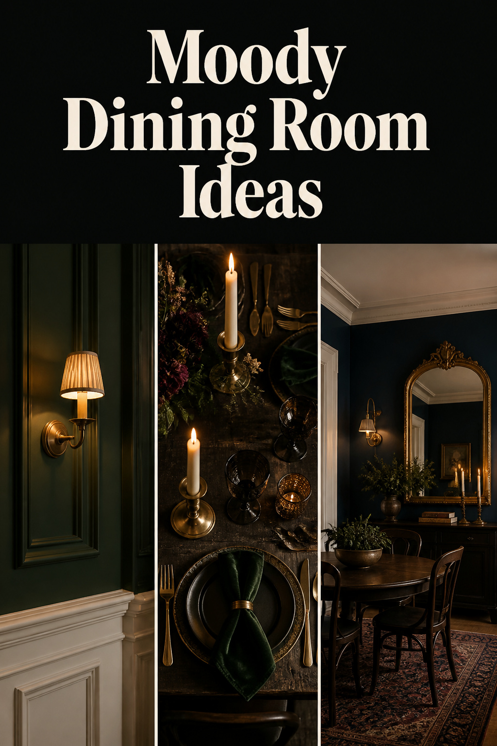 Three-panel collage of moody dining room ideas — dark panelled walls, candlelit tablescape, and compact navy accent wall room